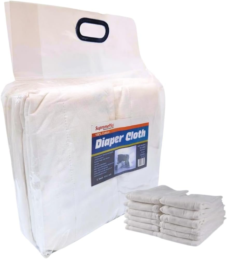 Prefold Cloth Diapers – 12 Pack, 21 x 14 inches – 4 Ply Ultra Soft, Super Absorbent, Washable, Reusable Cotton Burp Cloths for General Cleaning, Glass, Windows, Cars – White