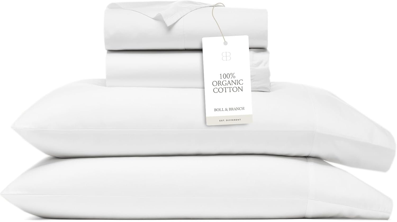 BOLL & BRANCH Signature Hemmed Sheet Set – Queen, White – Luxury 100% Organic Cotton – Includes 1 Flat, 1 Fitted, 2 Pillowcases – Buttery Soft