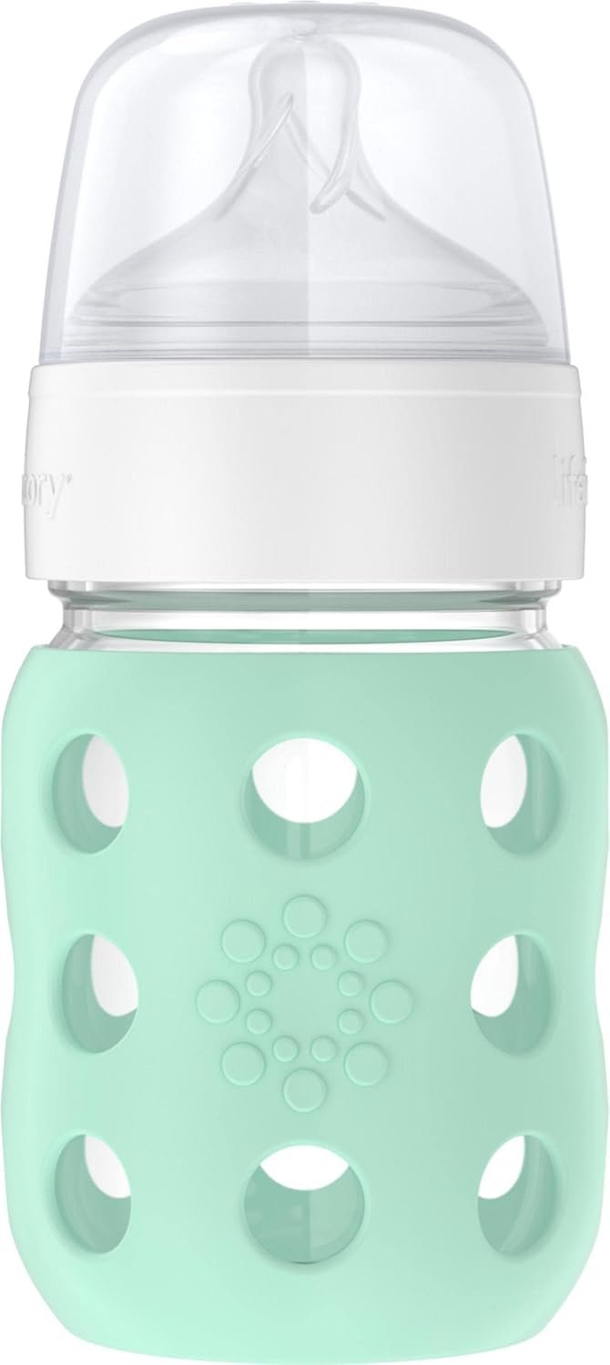 Lifefactory 8-Ounce Wide Neck Glass Baby Bottle with Protective Silicone Sleeve and Stage 2 Nipple, Mint (LG2211WMI4)