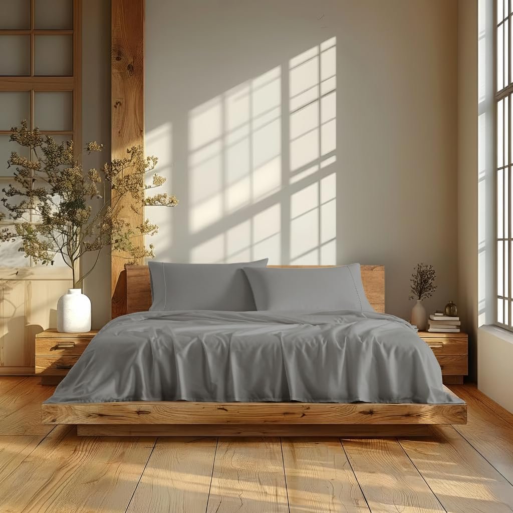 Linen Closet 300 Thread Count 100% Organic Cotton 4-Piece Sheet Set with Naturally Derived Earth Colors, King, Grey