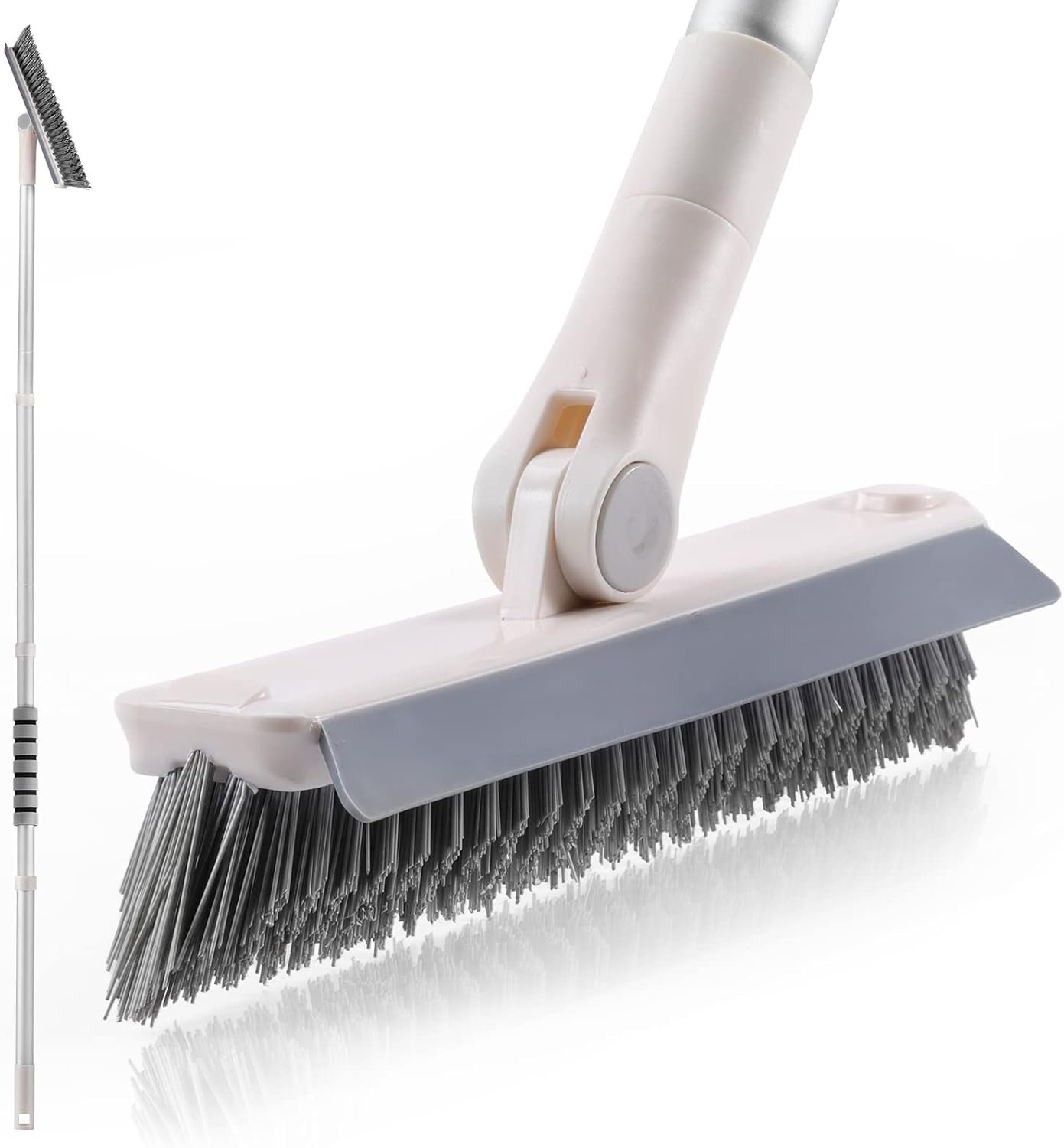 Grout Brush with Long Handle, 2 in 1 Floor Scrub Brush with Squeegee, Shower Scrubber Cleaner Swivel Stiff Bristle for Cleaning Baseboards Tile Floors Bathroom Wall