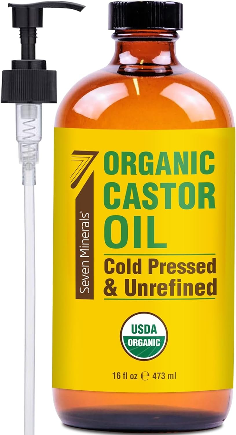 Seven Minerals New 16 fl oz Glass Bottle Castor Oil Organic Cold Pressed Unrefined Glass Bottle Pack – 100% Pure USDA Certified Organic Hexane Free