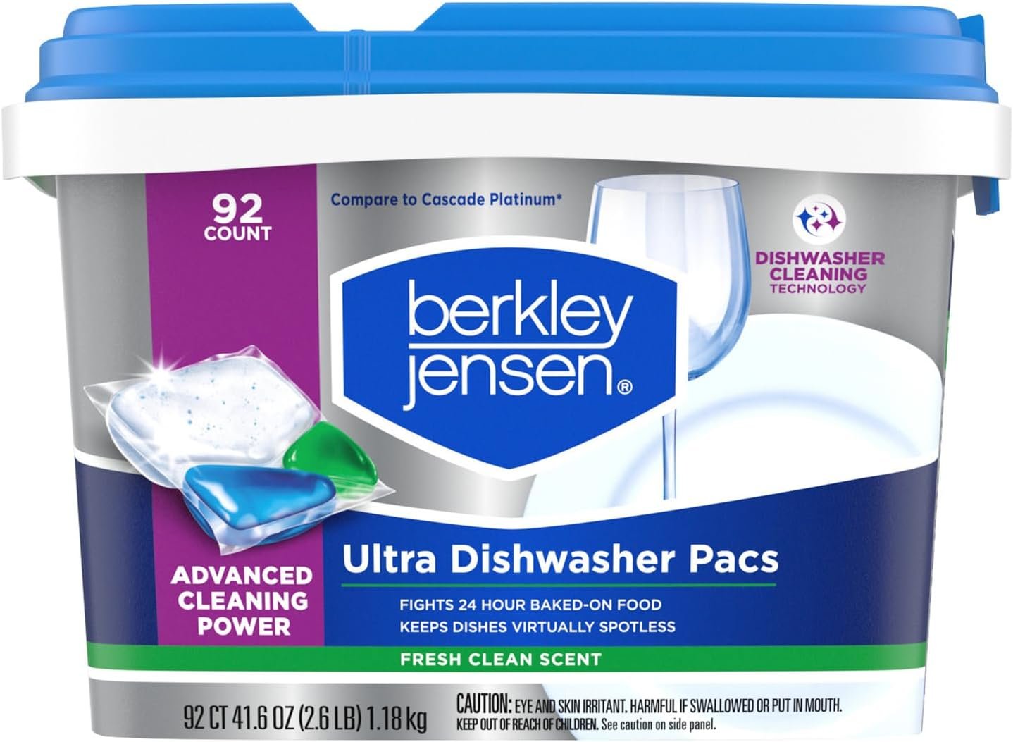 Berkley Jensen Ultra 4-in-1 Dishwasher Detergent Pacs, 92 Count Tub (Pack of 1) – Powerful Degreasing Dishwasher Pods with Fresh Clean Scent – Fights 24-Hour Baked-on Food – Fits Most Dishwashers