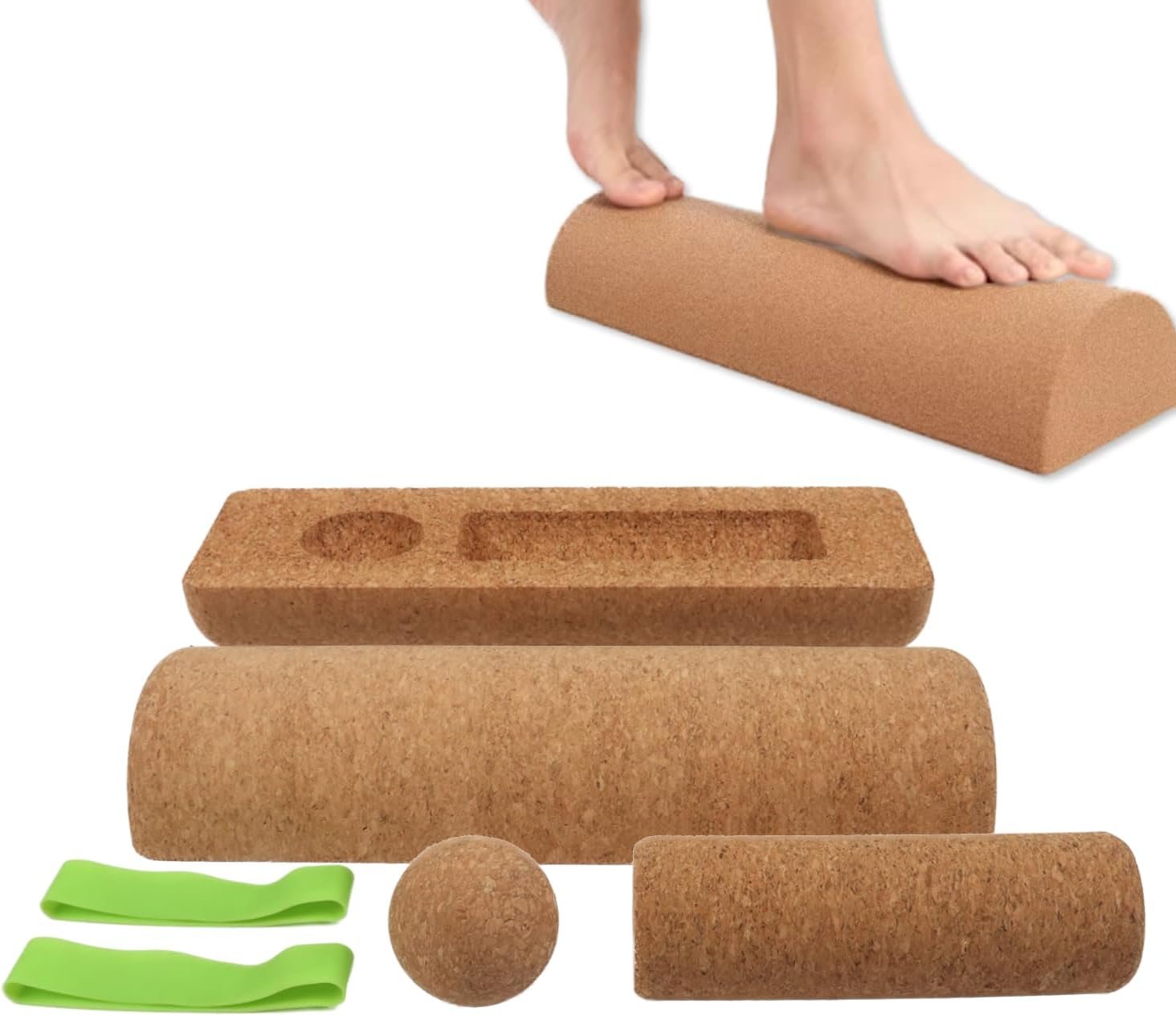 Cork Balance Beam Complete Set, Integrated Foot & Ankle Stability System with Roller, Massage Ball & Toe Resistance Bands for Yoga & Recovery