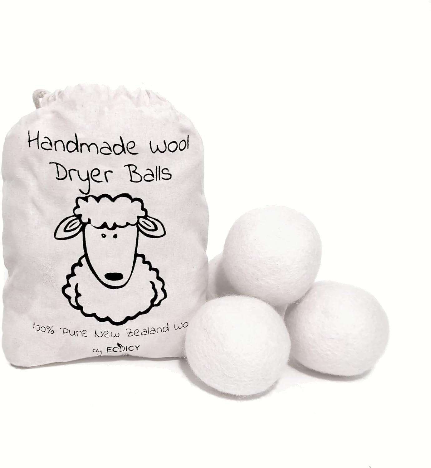 Wool Dryer Balls XL 4-Pack – 100% Pure New Zealand Wool, Ecoigy Natural Fabric Softener, Reduces Wrinkles & Drying Time, Ideal for Essential Oils, Dryer Sheets Alternative,Dryer Balls Laundry Reusable