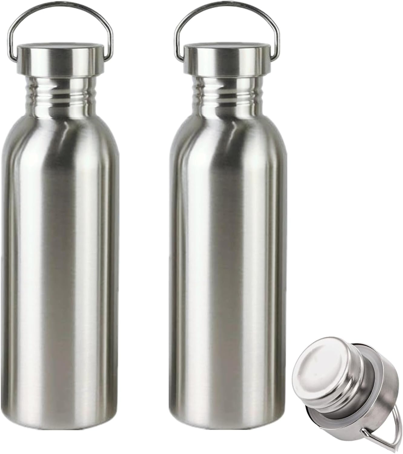 2 Pack 18/8 Stainless Steel Water Bottle, 26OZ Single Wall Sports Water Bottle for Camping Picnic, Metal Sports Kettle with Handle for Runners, Hikers, Cyclists