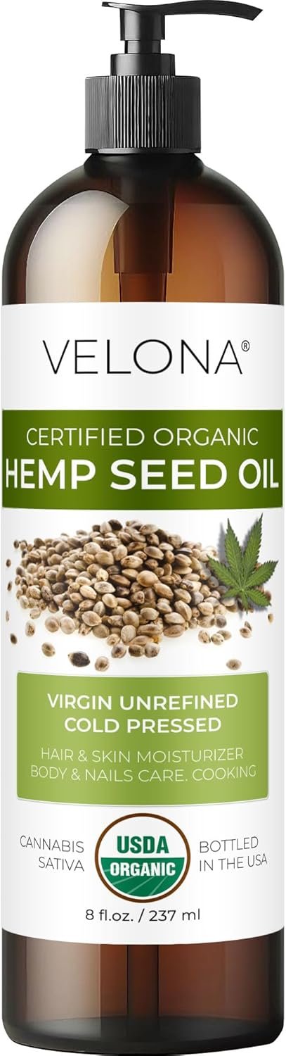 velona Hemp Seed Oil USDA Certified Organic – 8 Fl Oz | 100% Pure and Natural Carrier Oil | Unrefined, Cold Pressed | Hair, Body, Face & Skin Care