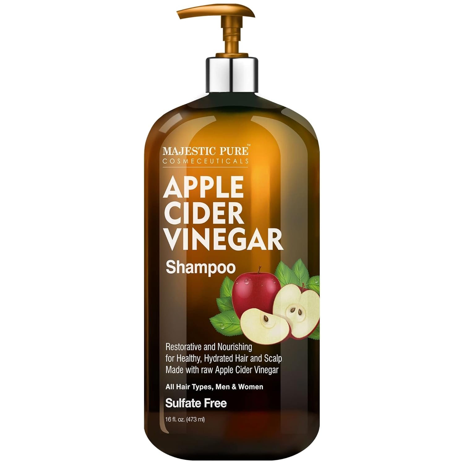 Majestic Pure Apple Cider Vinegar Shampoo – Restores Shine & Reduces Itchy Scalp, Dandruff & Frizz – Sulfate Free, for All Hair Types, Men and Women – 16 fl oz
