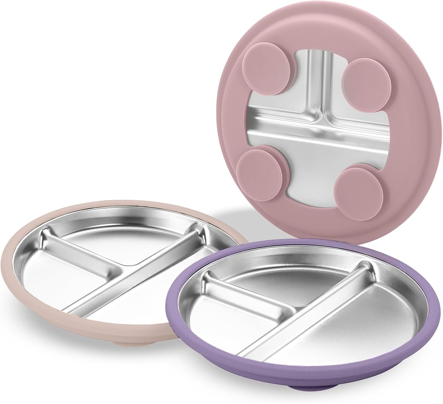3Pack Stainless Steel Kids Plates, 8.1″ Divided Kids Plate with Removable Silicone Suction Sleeves for Baby Highchairs, Non Toxic BPA Free Non-Slip Unbreakable Snack Lunch Plates