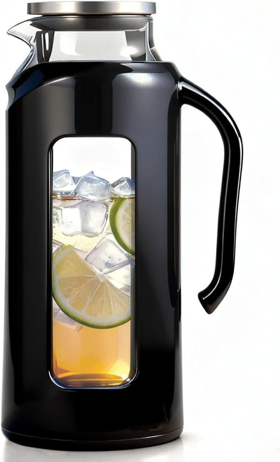 Delove Glass Pitcher with Lid & Shatterproof Shell – Heat-Resistant Borosilicate Glass Jug, 2 L/68 oz with Handle & Spout – Perfect for Iced Tea, Juice, Hot & Cold Water (Black)
