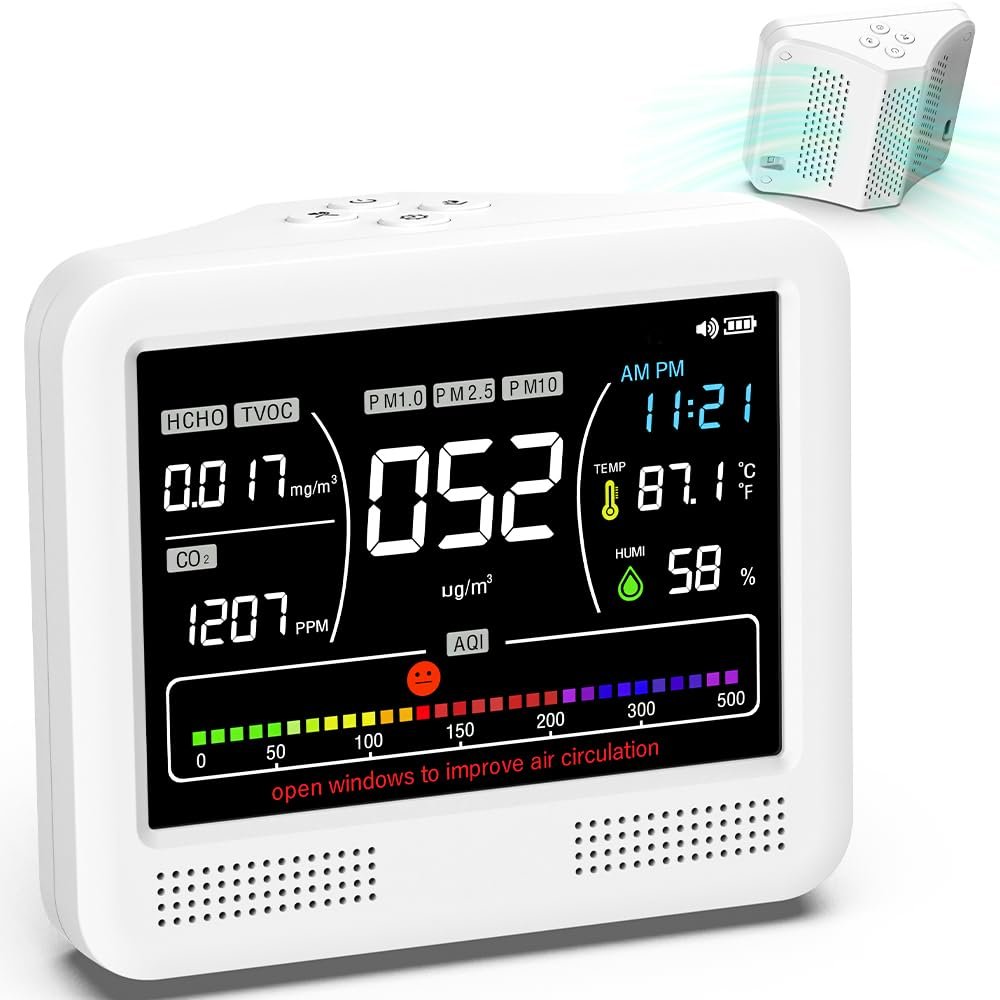 Air Quality Monitor Indoor, 16 in 1 Air Quality Tester for CO2 Monitor, TVOC, PM1.0 PM2.5 PM10, HCHO Temperature Humidity & Time, AQI Monitor with Alerts for Home (PureWhite)