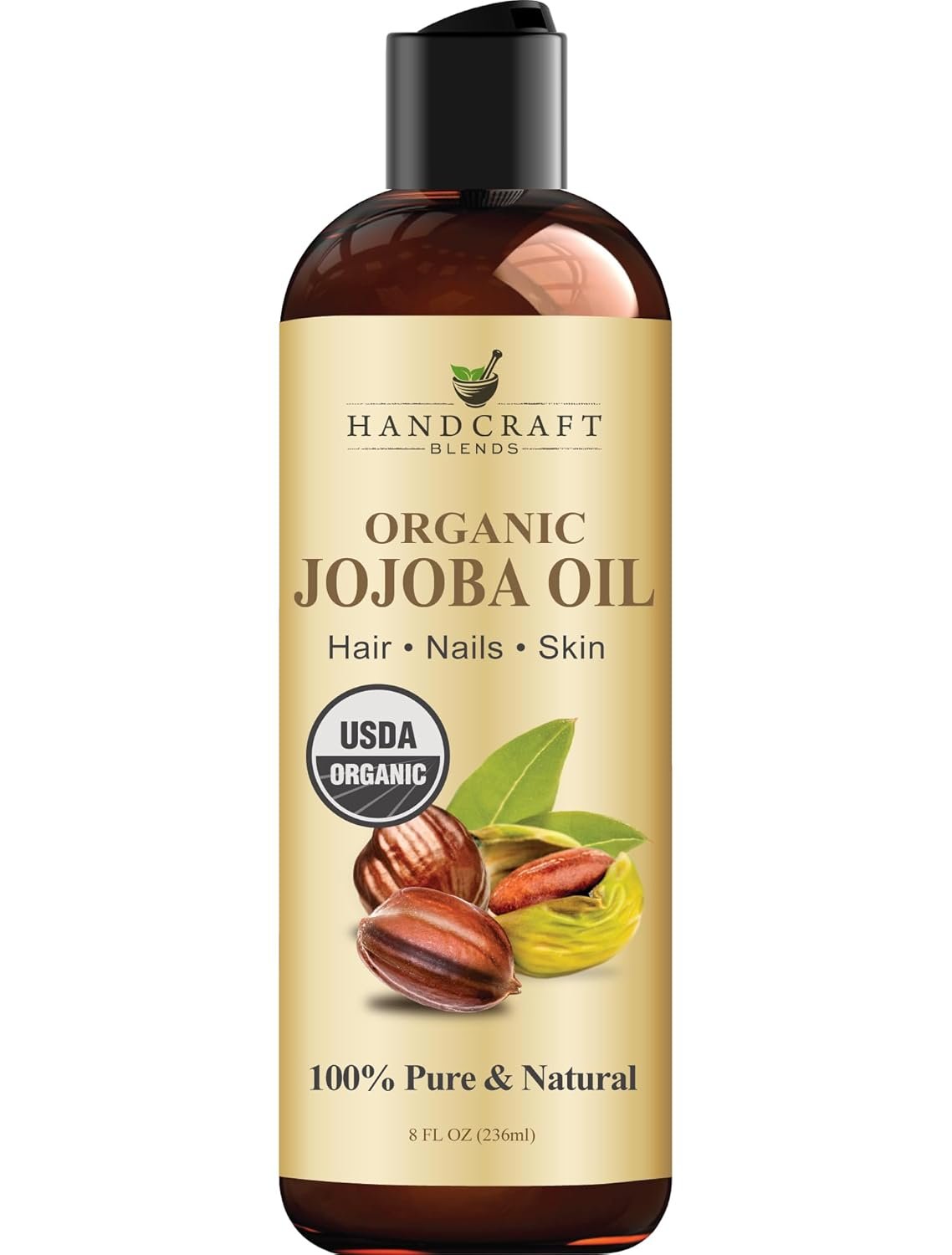 Handcraft Blends USDA Organic Jojoba Oil | Cold-Pressed | 8 Fl Oz | 100% Pure & Natural | for Hair, Skin & Face | Premium Grade Carrier Oil | for Massage & Aromatherapy | Hexane-Free