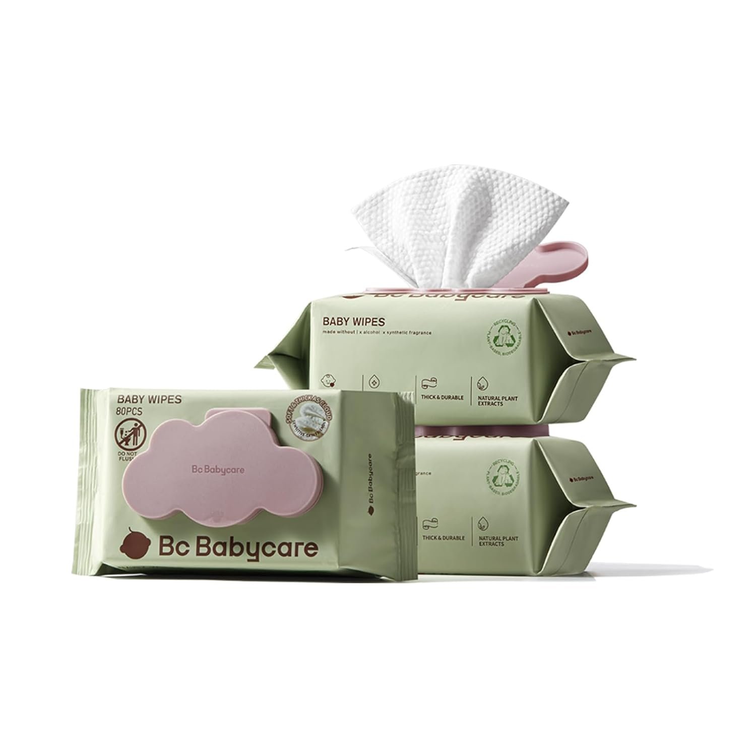 Bc Babycare Cloud Moist Baby Wipes, Thick & XL, 99% Water, Ultra-Hydrating, Unscented, Hypoallergenic for Sensitive Skin, Biodegradable, 3 Flip-Top, 240 Count