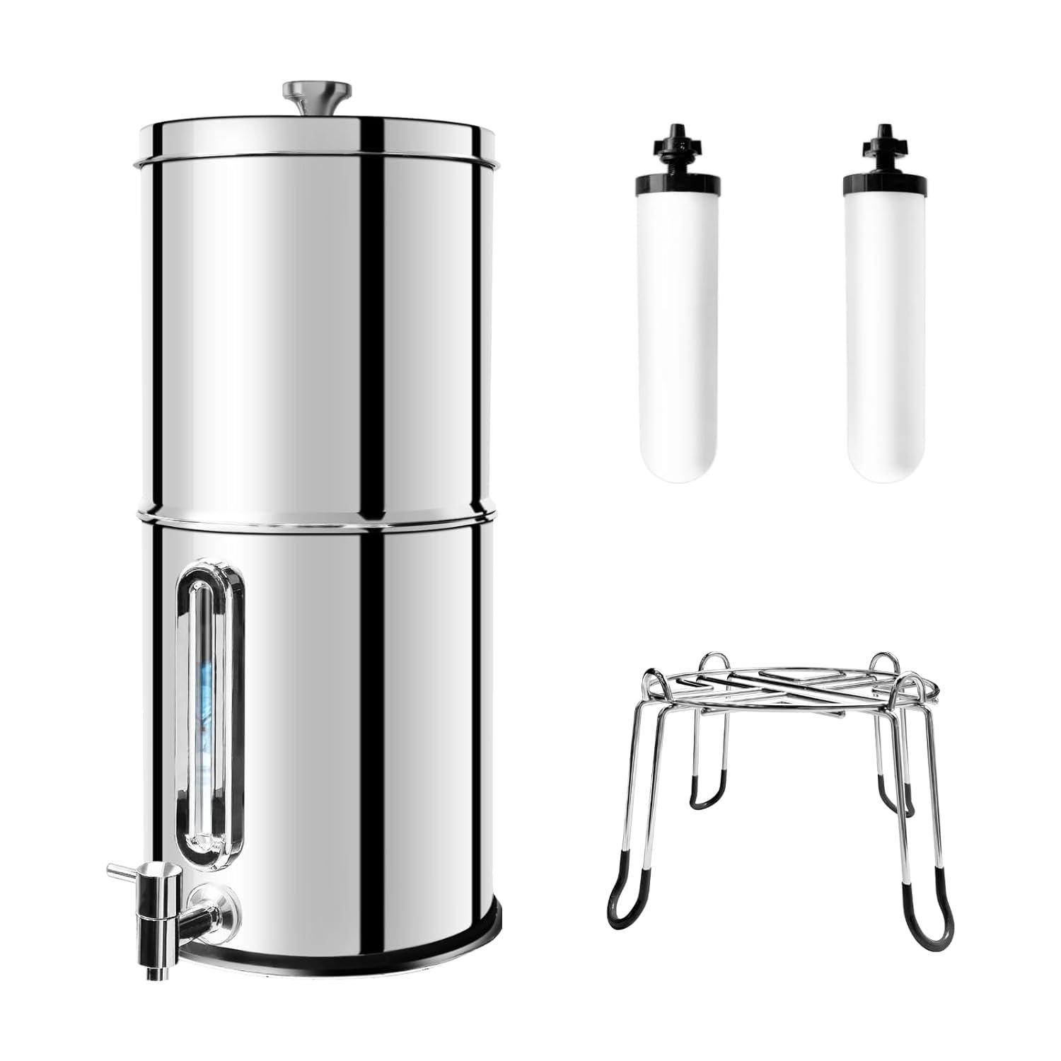 SINCHO 2.25G Gravity Water Filter with Level Window – 3-Stage Stainless Steel System, 2 Washable Ceramic Filters, No Electricity Needed