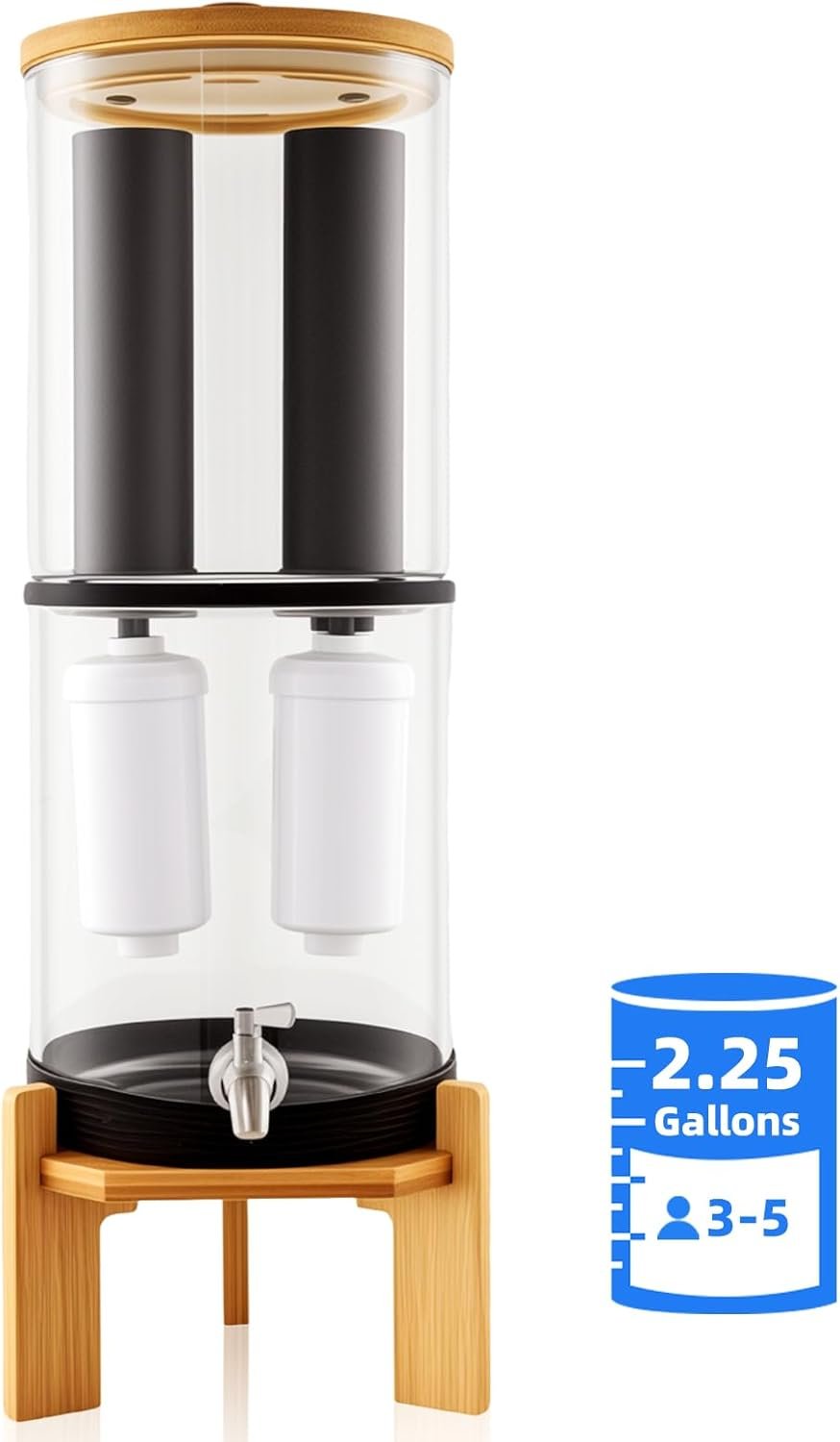 Gravity-Fed Water Filter System, Glass water filter, Glass Countertop Water Filtration Dispenser, with Wooden Stand and 2 Filters, 2.25 Gallon，for Home and Office