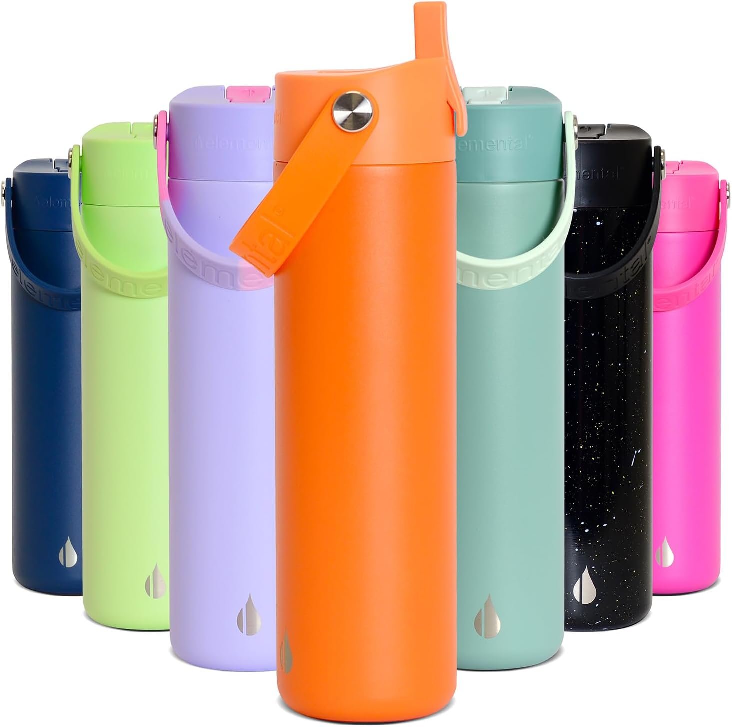 Elemental 24oz Insulated Water Bottle with Straw – 100% Leak-Proof Stainless Steel Core Water Bottles for Travel, Sports and Gym – Double Wall Insulation & BPA Free – Orange