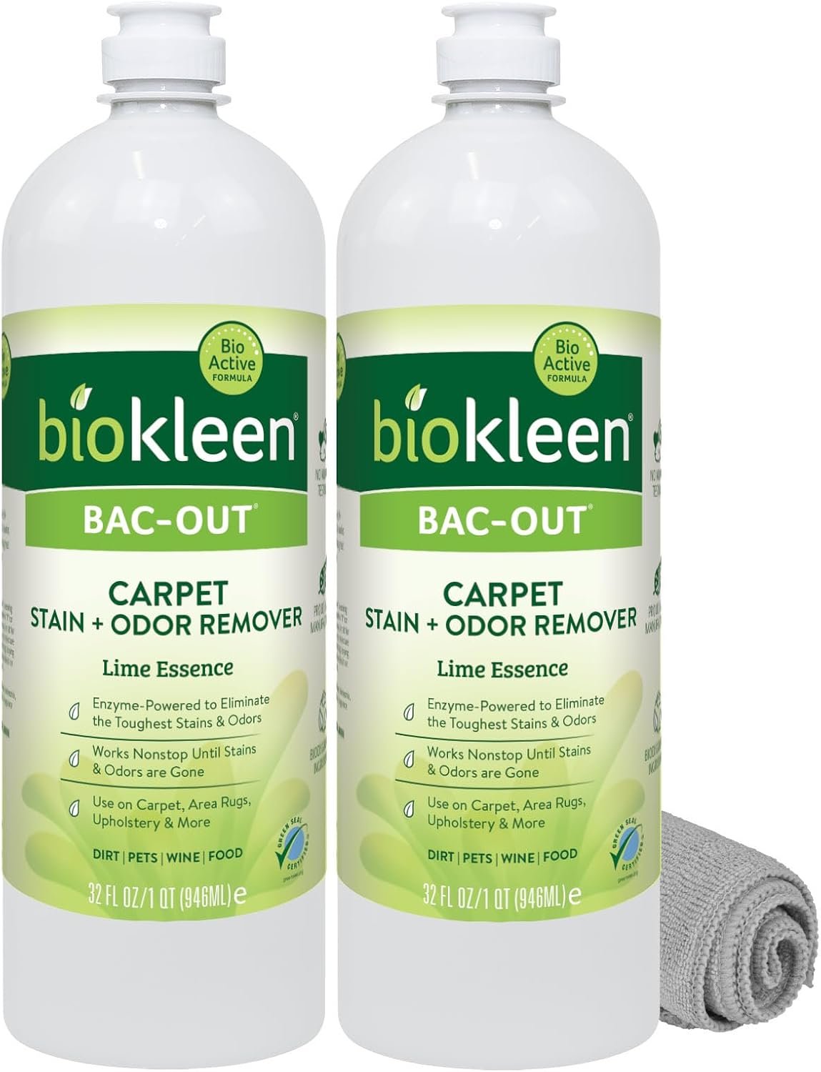 Biokleen Bac-Out Enzymatic Stain & Odor Remover for Carpet – Removes Stains and odors caused by dirt, pet accidents, wine, food, smoke – 10 Pack 32 oz w/Micro Cleaning Towel