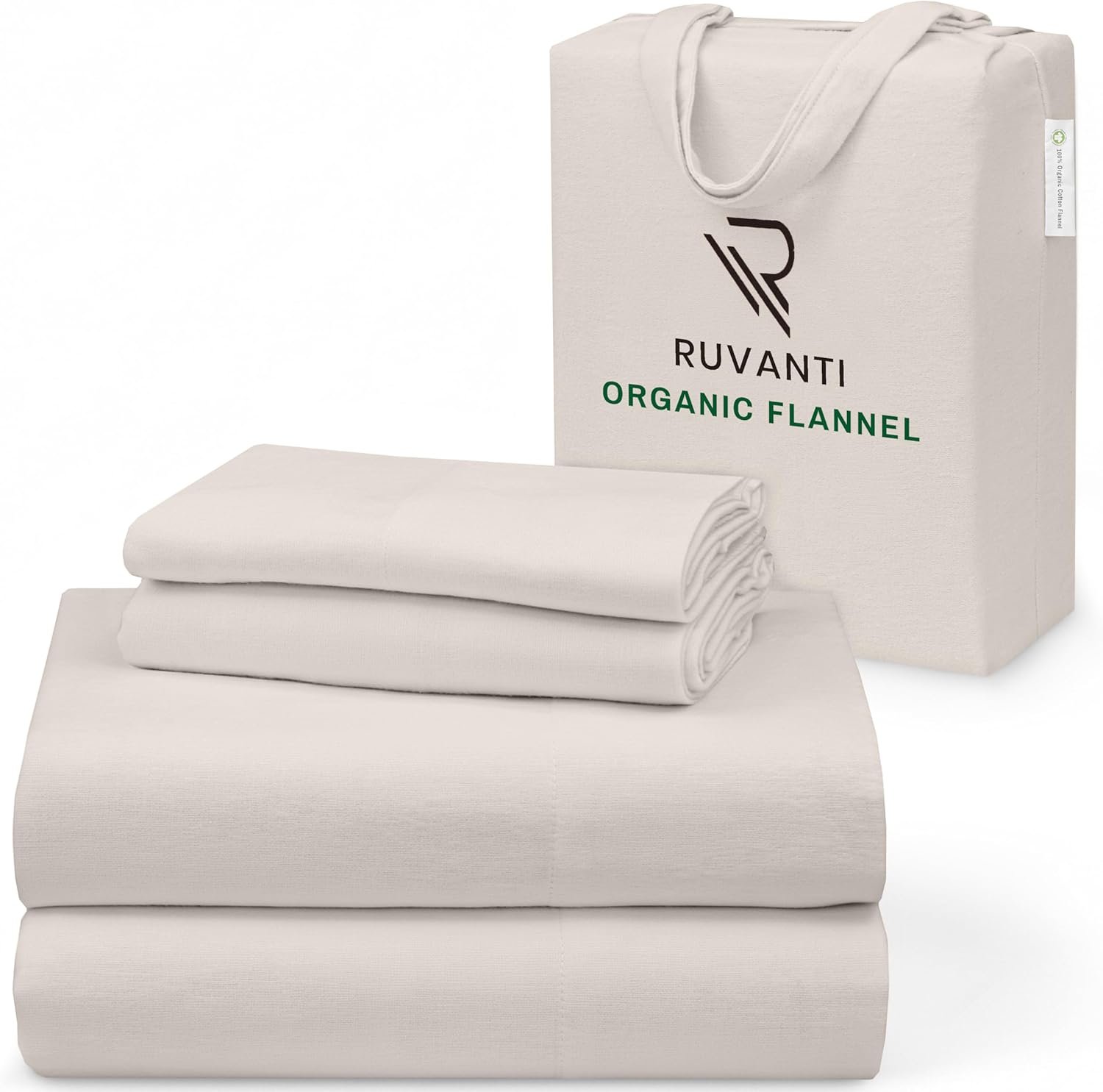 RUVANTI Flannel Sheets Queen Size – GOTS Certified 100% Organic Cotton, 4 Piece Warm, Soft & Breathable Set, Deep Pocket Snug Fit, Double Brushed Cozy All Season Bedding, Natural