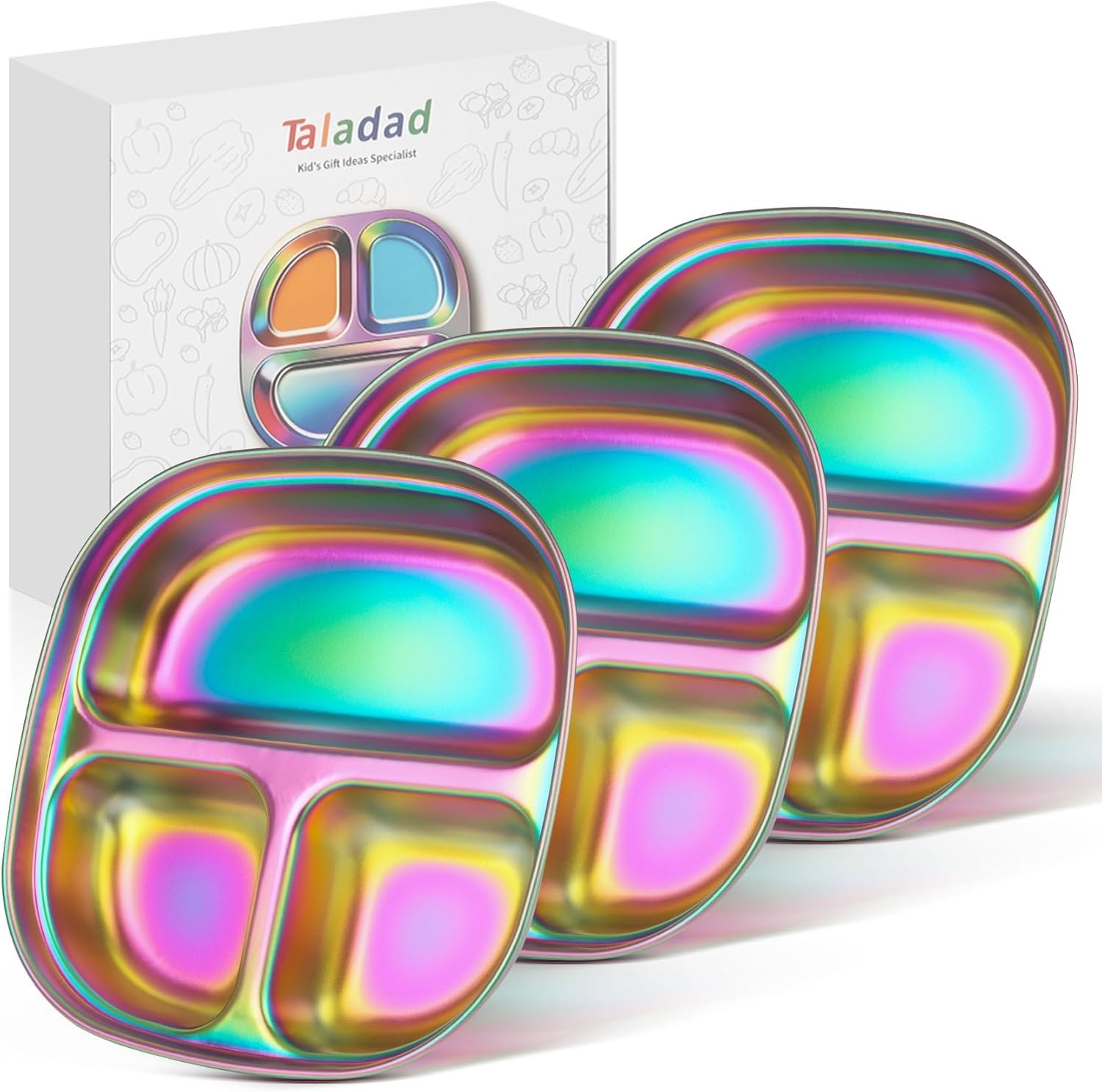 3Pack Stainless Steel Kids Plates, Kids Toddlers Babies Tray, Balanced Bites Divided Plates for Toddlers, BPA Free, Portion Control Plate, Dinner Snack, 3 Compartment Plate