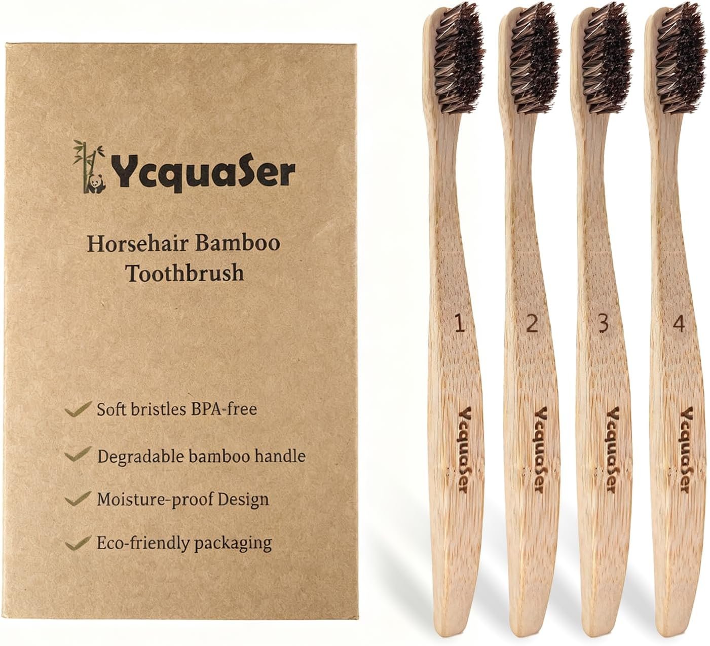 Bamboo Toothbrushes,Travel Toothbrush&Horse Bristle(4-Pack),Natural Soft Bristles for Adults,100% Biodegradable,Plastic & Nylon Free