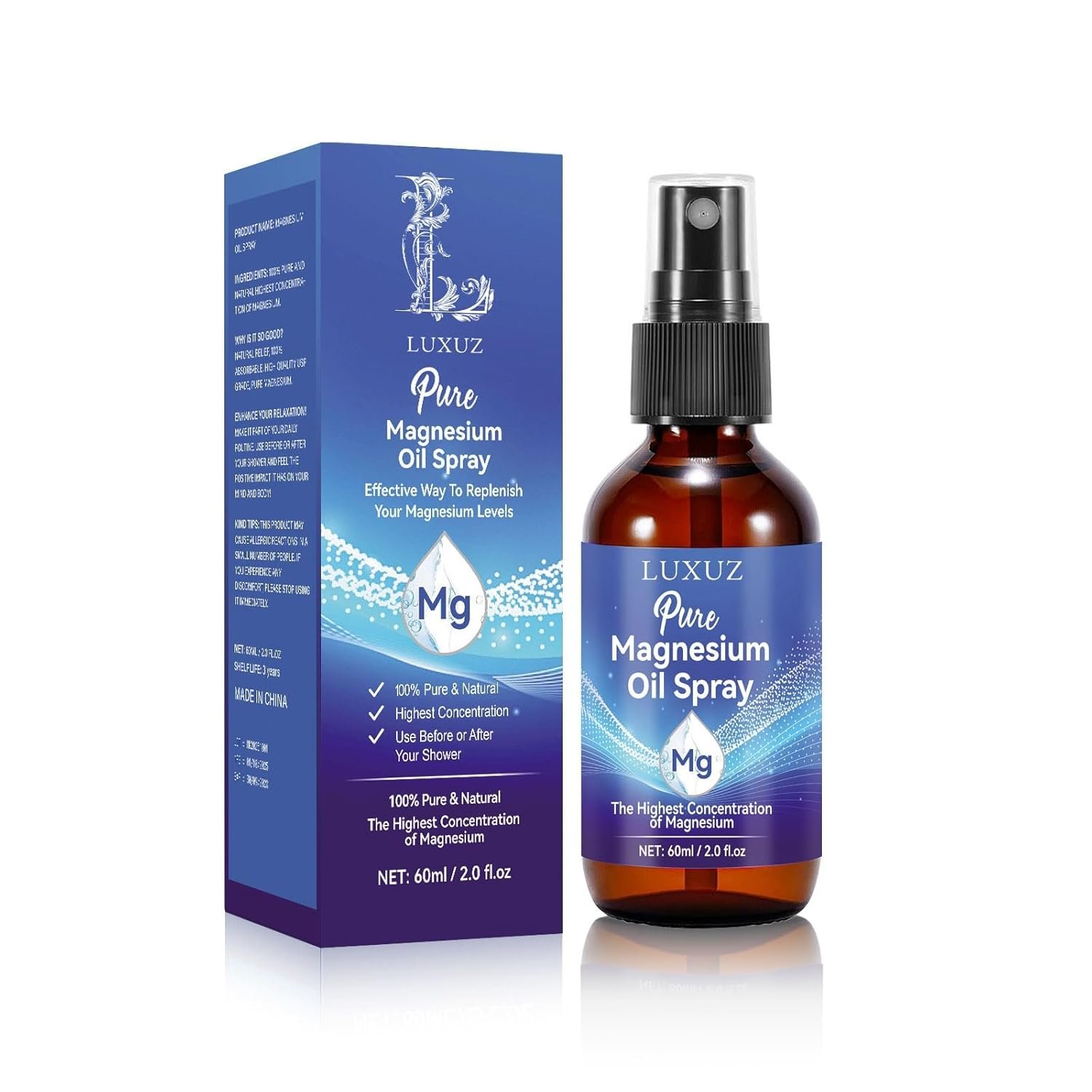 Luxuz Magnesium Oil Spray, 100% Organic Natural, Glass Bottle, 1.7 Fl Oz, Skin Nourishing, Easy to Absorb