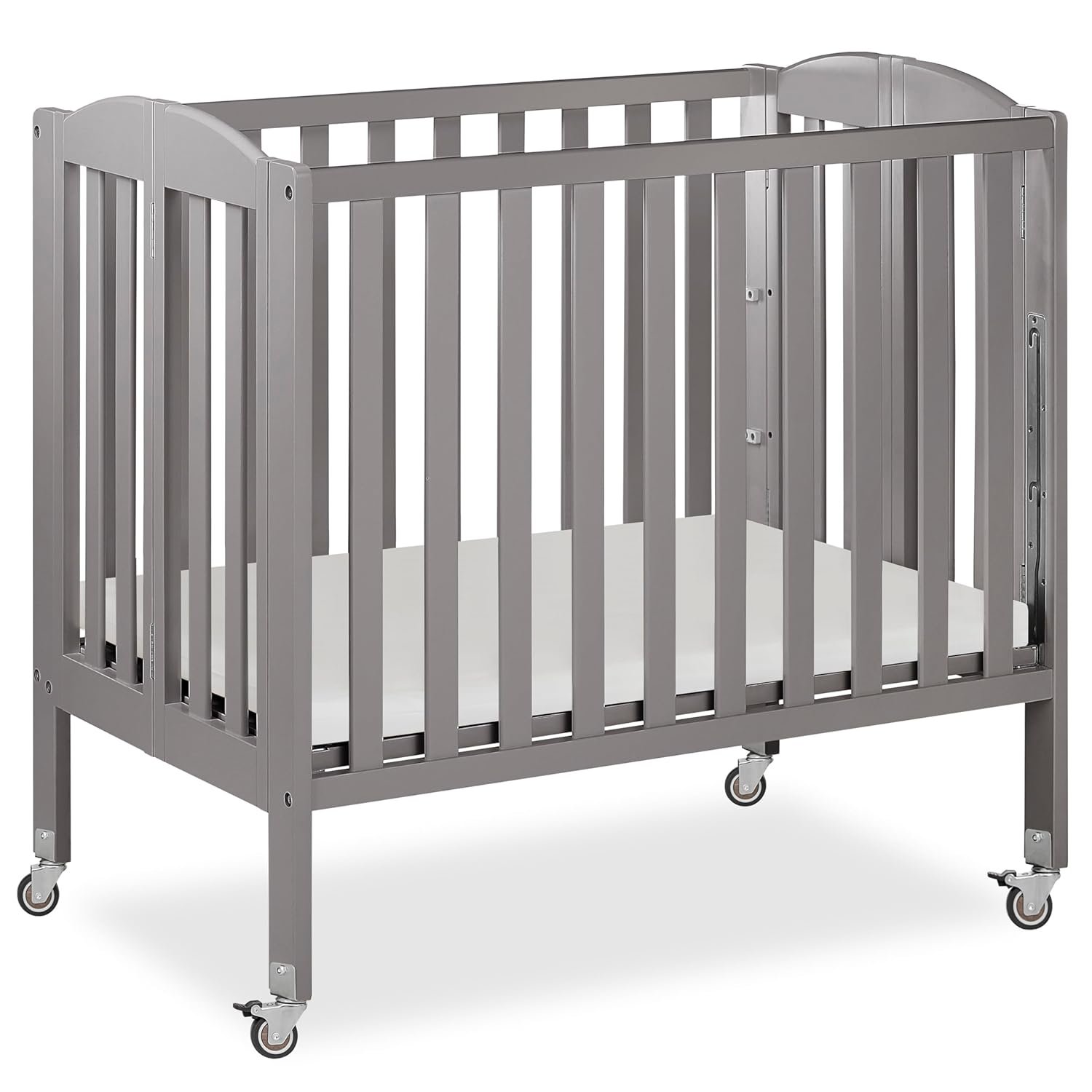 Dream On Me 3-in-1 Portable Folding Stationary Side Mini Baby Crib in Steel Grey & Mattress, GreenGuard Gold & BSA, Use as Changer & Playpen, Locking Wheels, 3 Mattress Heights, Extra Firm Mattress