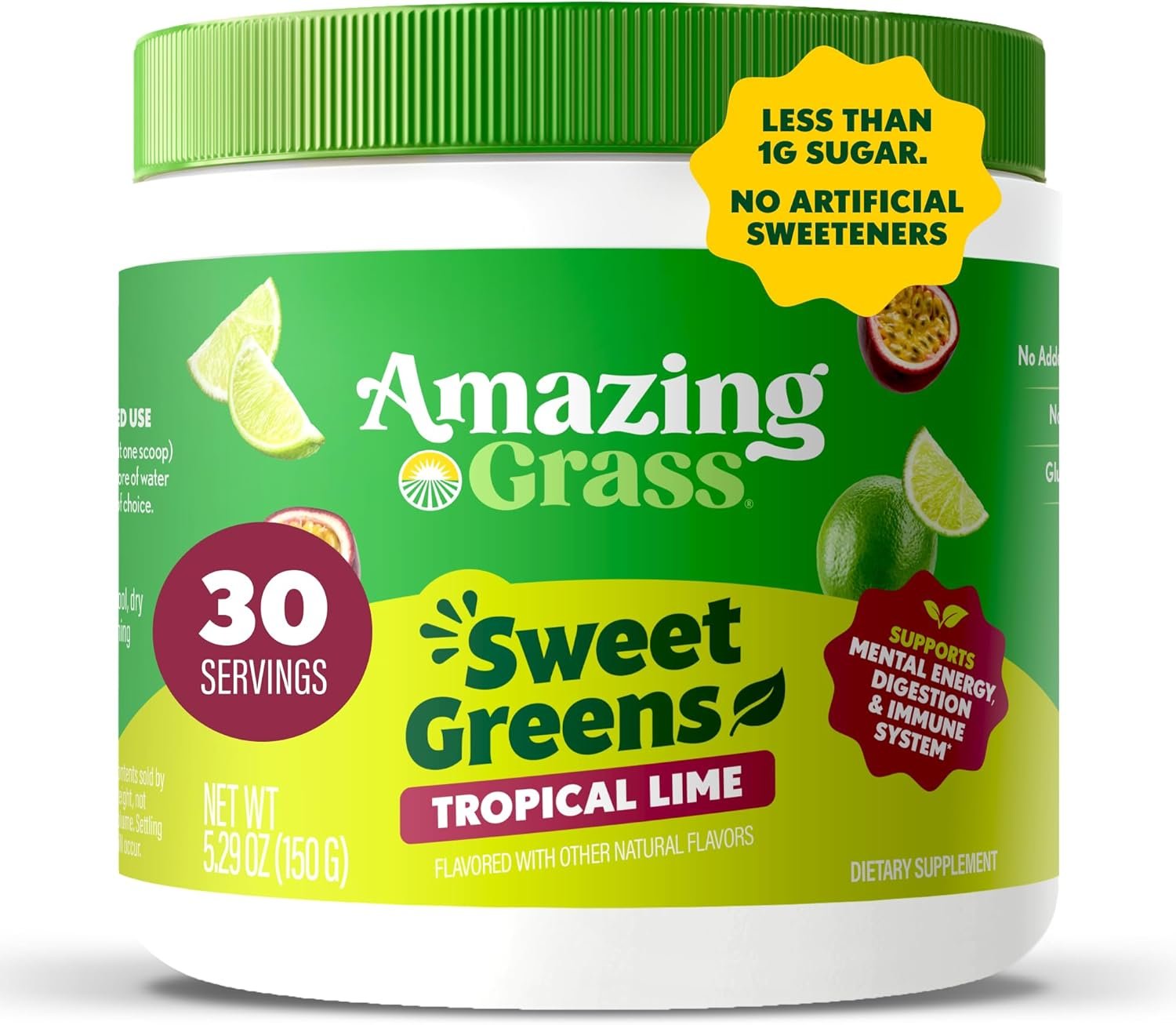 Amazing Grass Sweet Greens and Superfoods Powder for Digestive Health, Greens Powder, Digestive Enzymes, Probiotics, Spirulina, Chlorella, Tropical Lime, 30 Servings