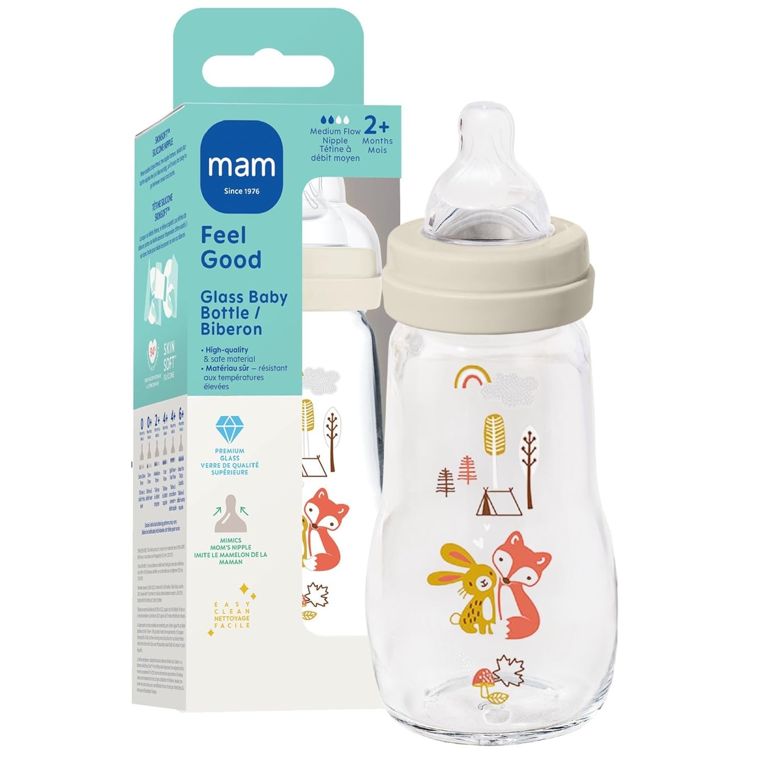 MAM 9oz Premium Glass Baby Bottle Newborn, Wide Neck Medium Flow Breastfeeding Like Silicone Nipple, Easy Clean, BPA Free, 2+ Months, Easy Switch Between Breast and Bottle, 1 Pack, Unisex
