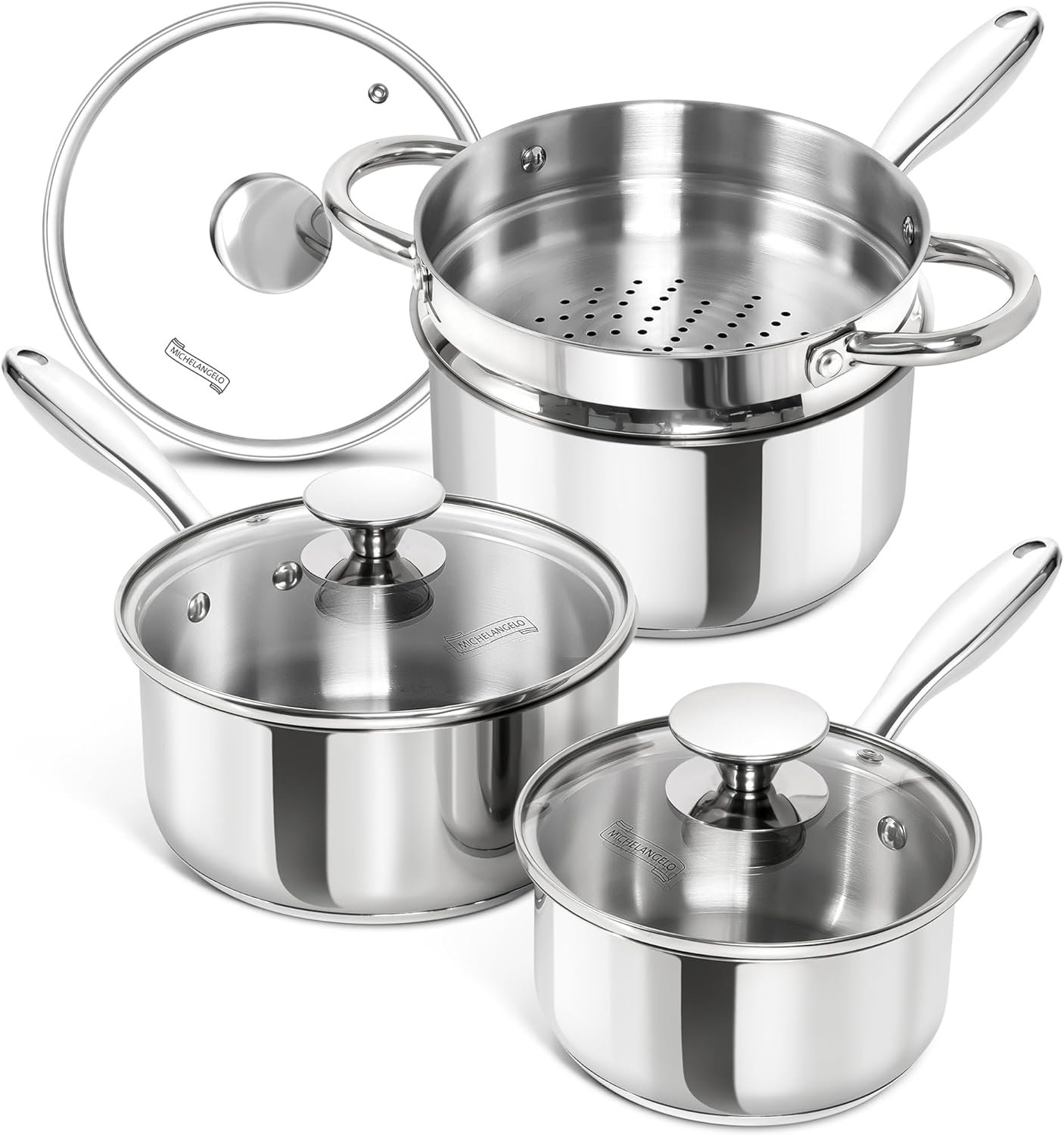 MICHELANGELO Saucepans with Lids & Steamer 7Pcs, Stainless Steel Pot Set with Triply Bottom, 3 Quart Saucepan with Steamer, 18/10 Saucepan Set Induction Compatible – 1QT & 2QT & 3QT