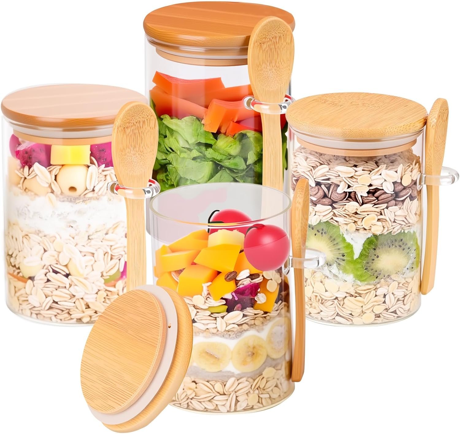 Overnight Oats Containers with Lids and Spoon [Thickened Version], Glass Jars with Bamboo Lids, 4 Pack 18 ozOatmeal and Salad Meal Prep Containers,Chia Seed Pudding Jars
