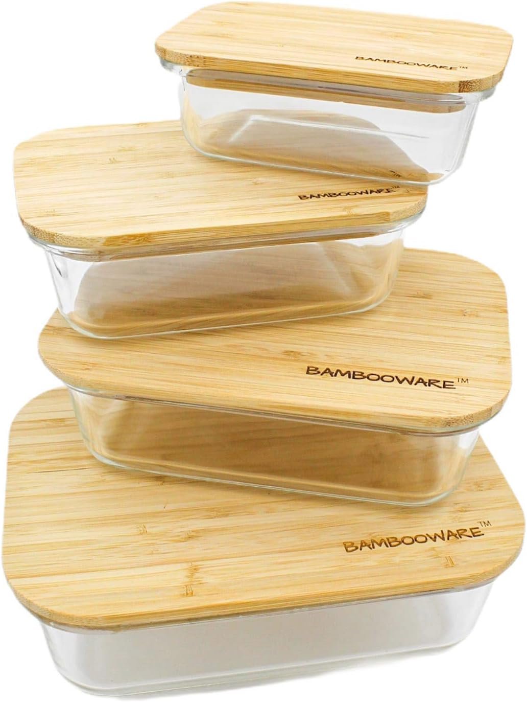 Bambooware Glass Containers with Lids | Non Plastic Glassware Set – Natural Raw Organic Wooden Bamboo Lids | Set of 4 | Reusable, BPA Free | Perfect for Meal Prep, Lunch, Leftovers, Kitchen