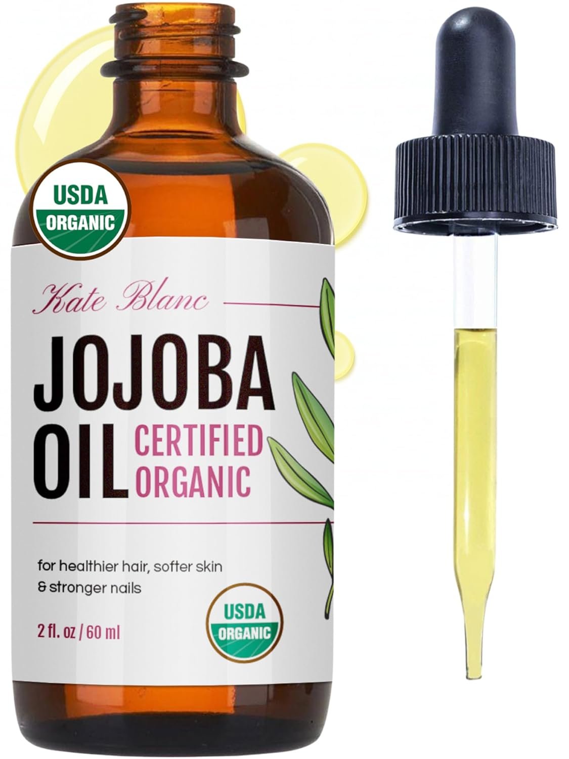 Kate Blanc Cosmetics Organic Jojoba Oil for Hair, Skin, Face, Nails (2oz) – USDA Certified, 100% Pure Cold Pressed Unrefined – Moisturizing Carrier Oil for Gua Sha, Dermaplaning, Body – Glass Bottle