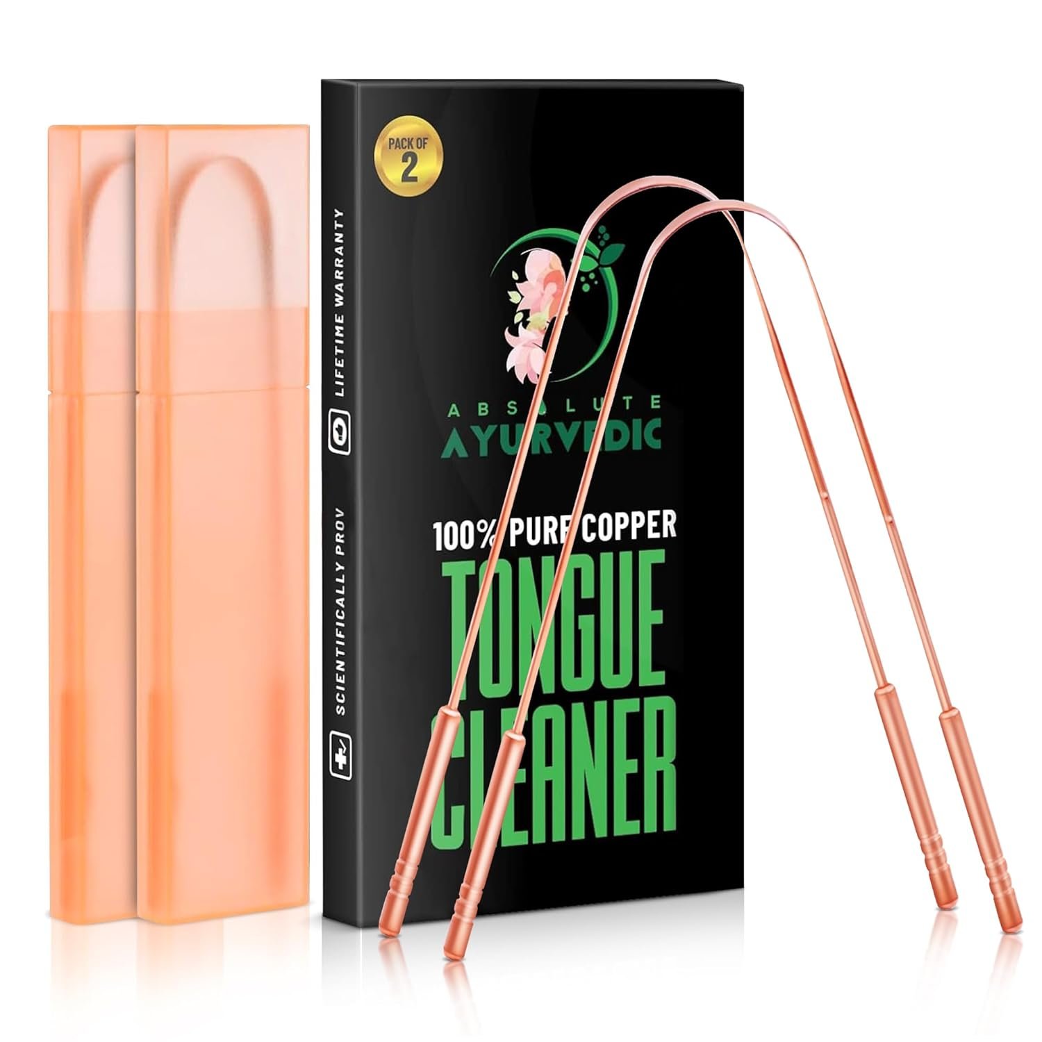 Absolute Ayurvedic Tongue Scraper For Adults Copper, Copper Tongue Cleaner For Oral Health and Fresh Breath, Tongue Scraper For Adults, Travel Tongue Scraper set of 2 with Travel Case.
