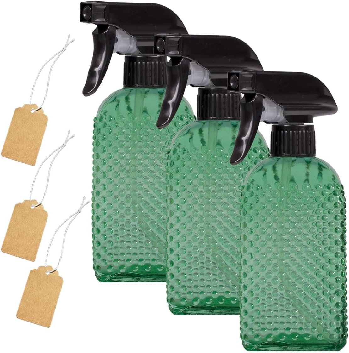 Glass Spray Bottles,Handheld Pressure Spray Bottles,Adjustable Nozzle(spray,stream),Reusable Container (3 PCS, Green)