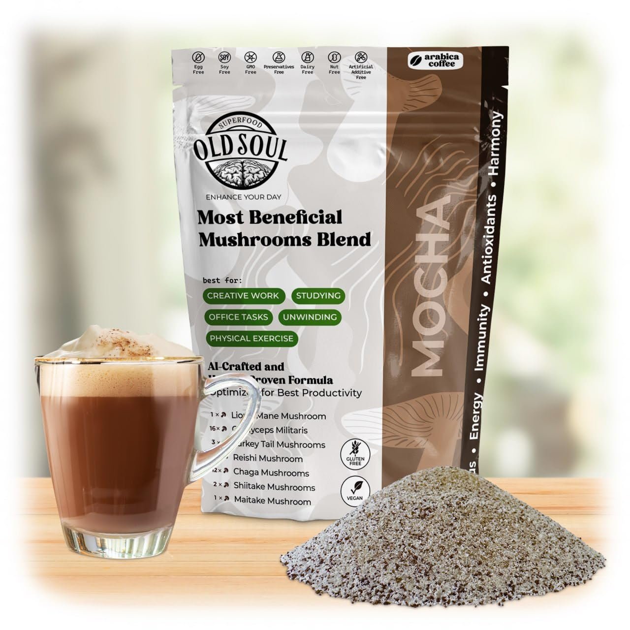 OldSoul Superfood Mushrooms Black Coffee Blend | Arabica Coffee | Approx. 70 Doses | Energy, Focus, Immunity (14 Ounce (Pack of 1), Mocha)