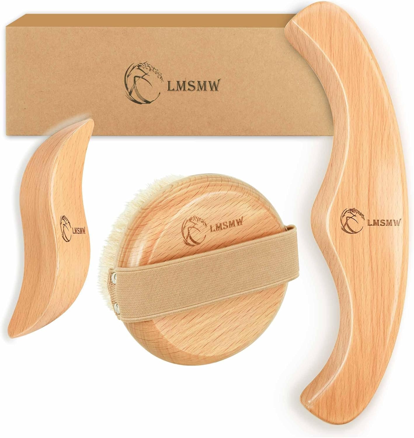 Dry Body Brush Set for Lymphatic Drainage, Round Boar Bristle Dry Brushing Body Brush with Strap, Wood Therapy Kit with Wooden Acupressure Massage Tools for Face Body Gua Sha Sculpting