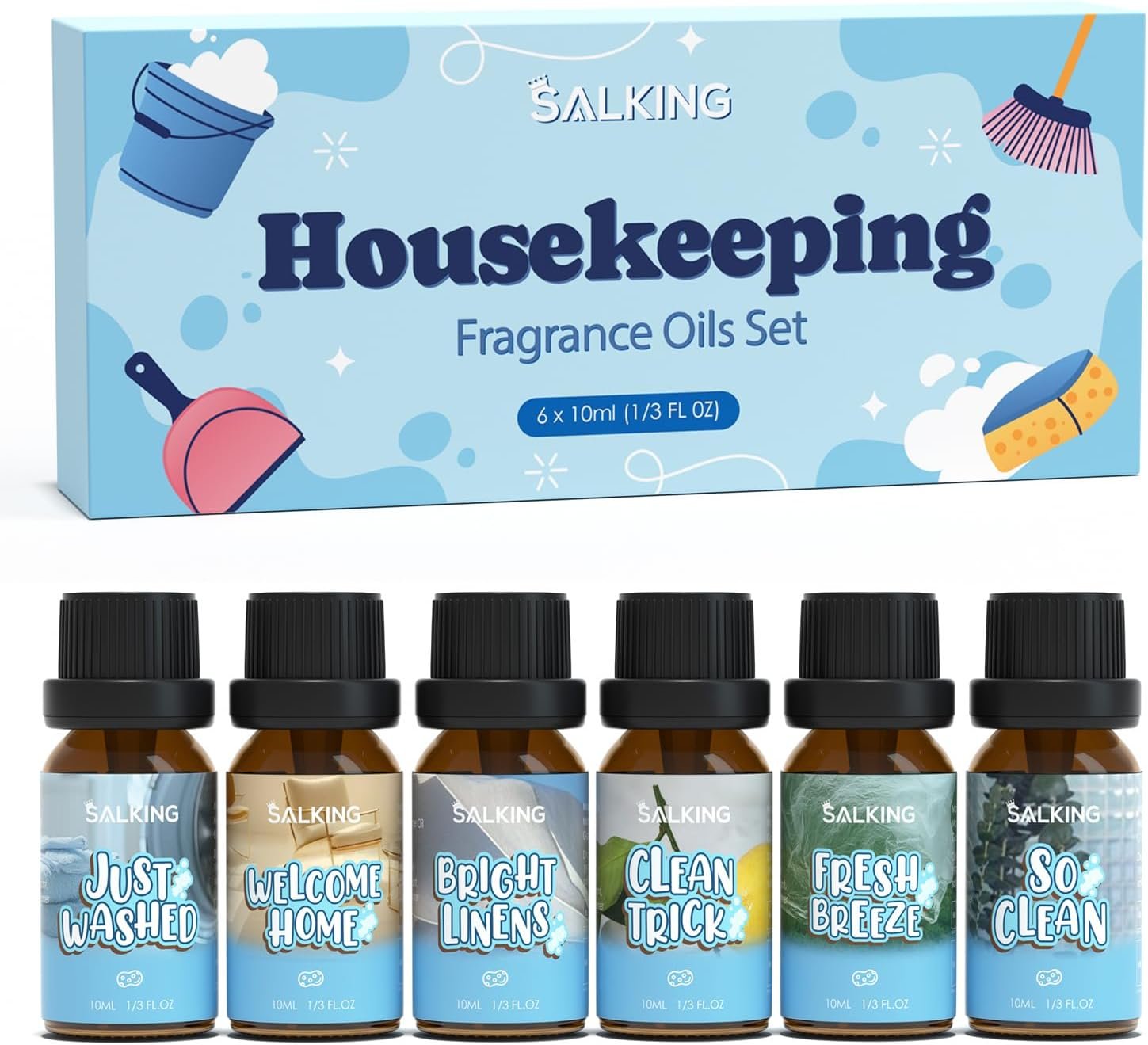 SALKING Housekeeping Fragrance Oils, Premium Essential Oil for Diffuser, Scented Oil Gift Set for Soap Candle Making – Just Washed, Welcome Home, Bright linens, Clean Trick, Clean Breeze, So Clean