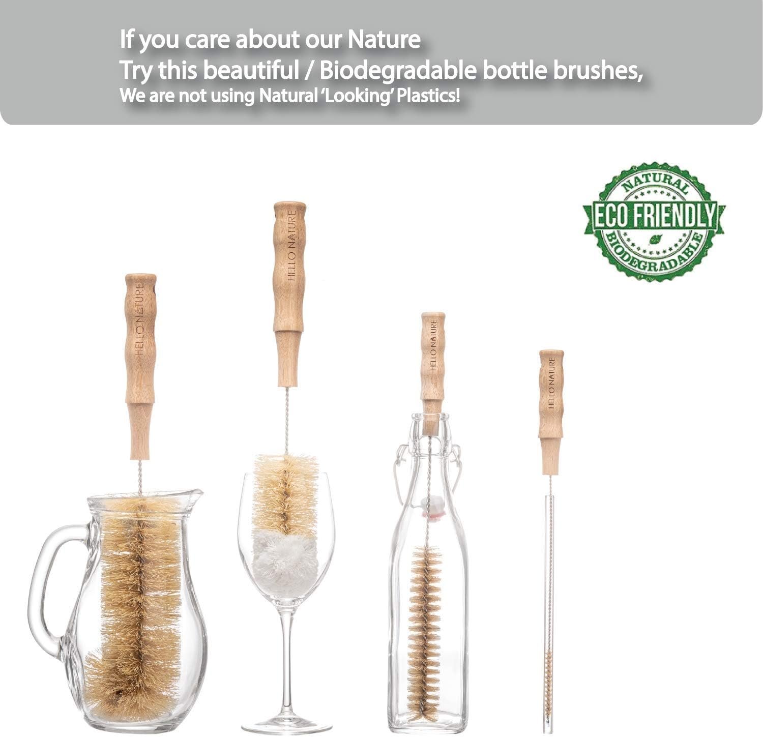 4 Pcs Bamboo Bottle Brush Set by HELLO NATURE – Long Handle Cleaning Brushes for Water Bottles, Baby Bottles & Glassware, Sustainable & Plastic-Free