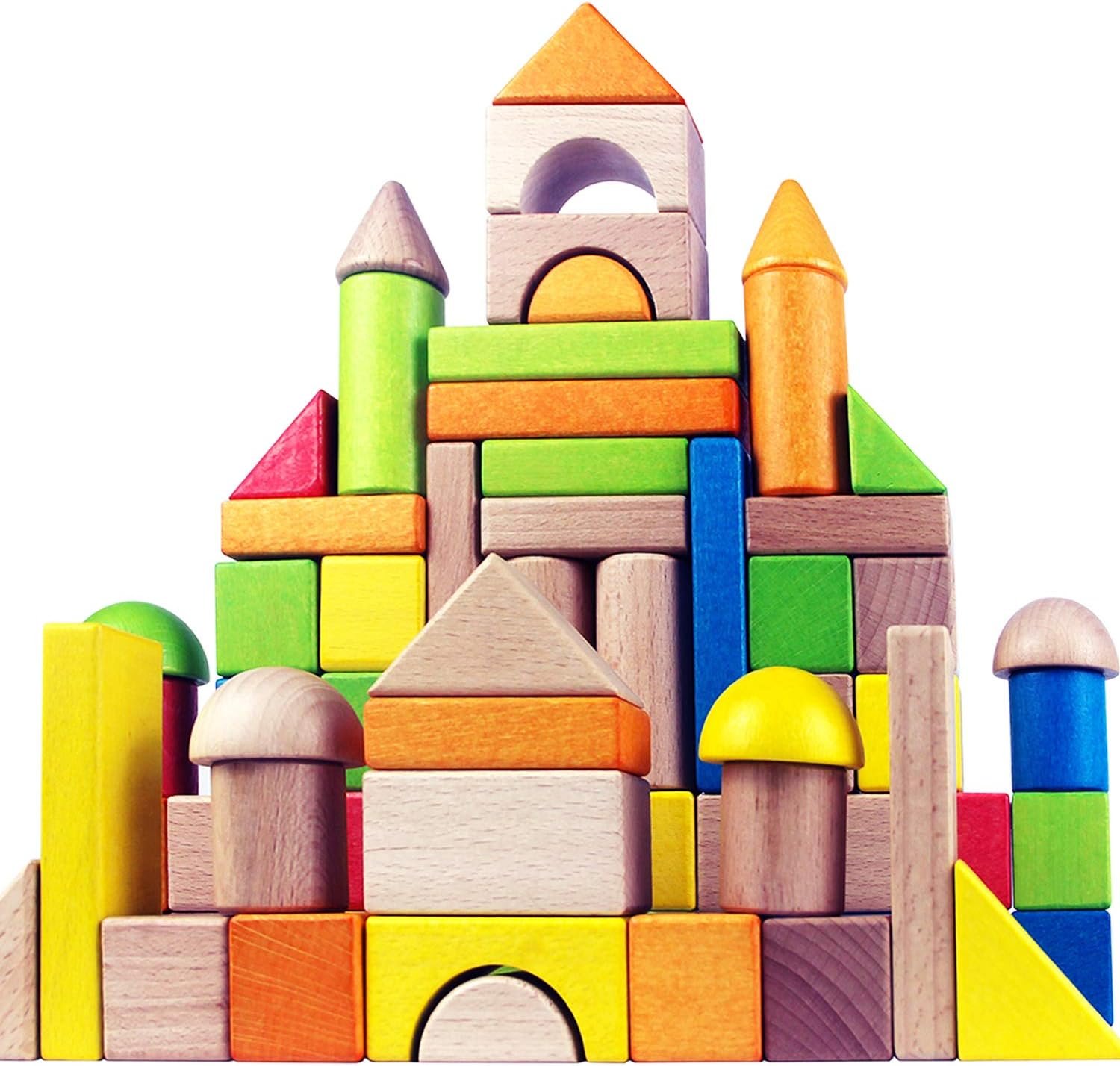 Migargle Wooden Building Blocks Set for Kids – Rainbow Stacker Stacking Game Construction Toys Set Preschool Colorful Learning Educational Toys – Geometry Wooden Blocks for Boys & Girls