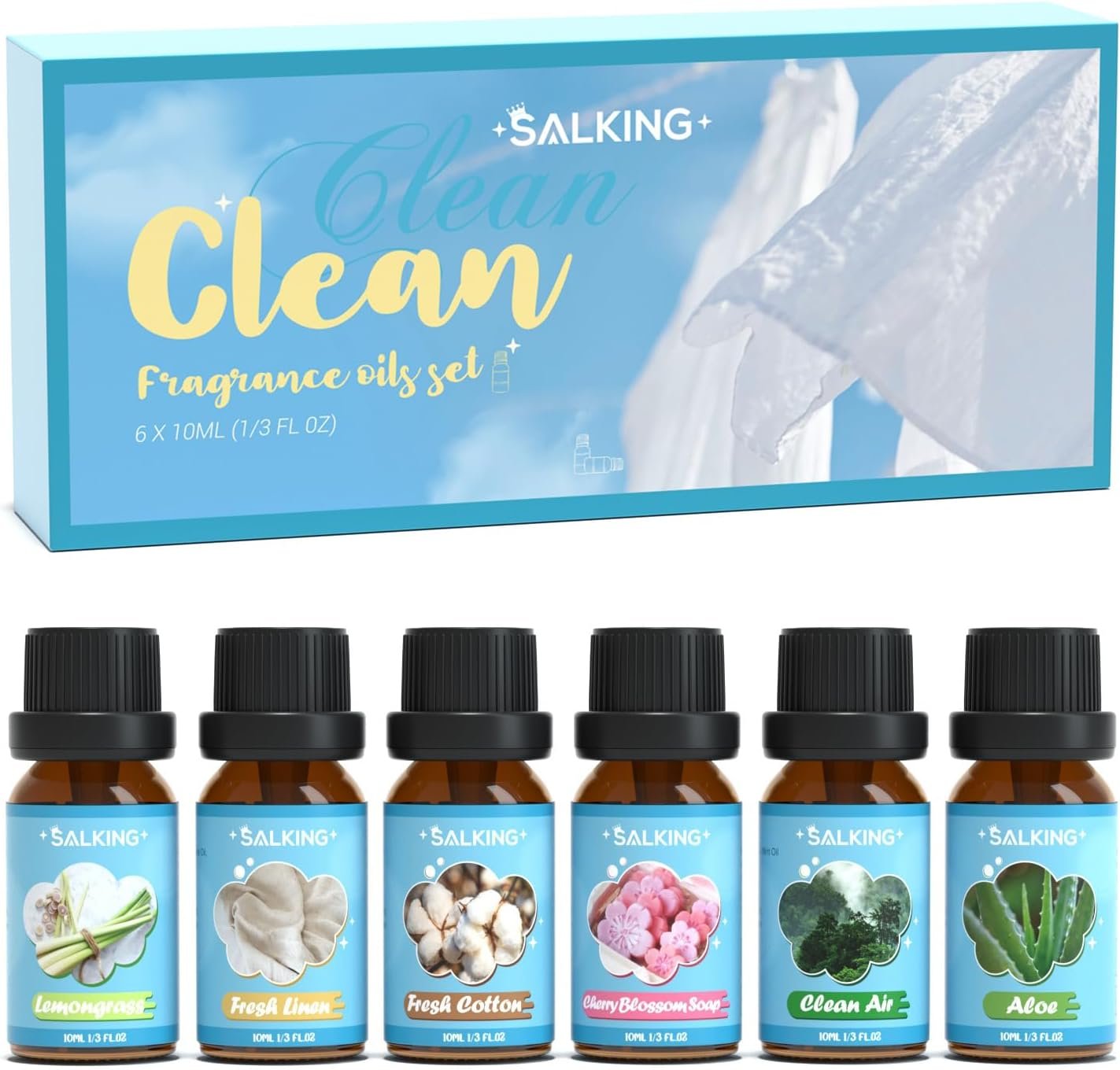 SALKING Clean Fragrance Oils, Premium Essential Oil for Diffuser, Scented Oil Gift Set for Soap Candle Making – Lemongrass, Fresh Cotton, Fresh Linen, Cherry Blossom Soap, Clean Air, Aloe