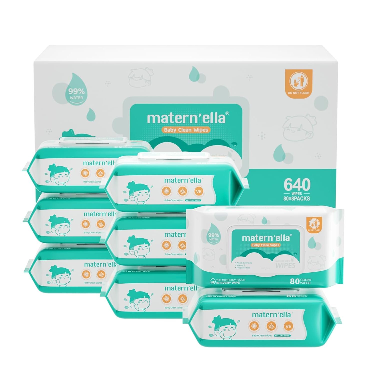 MATERN’ELLA Baby Wipes, Diaper Wipes for Sensitive Skin, Wet Wipes with 99% Water Based, Hypoallergenic, Safe and Gentle, 8 Flip-Top Packs (640 Wipes Total)