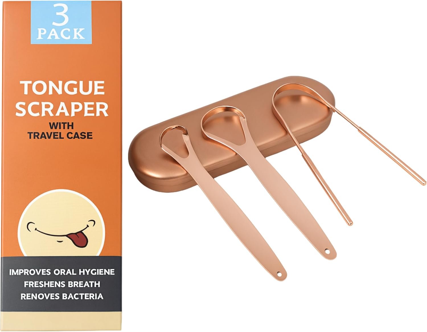 3-Pack Tongue Scraper Set for Adults (Rose Gold) with Travel Case, Reduce Bad Breath, Metal Tongue Scraper, Tongue Cleaner, Tongue Scraper, Tongue