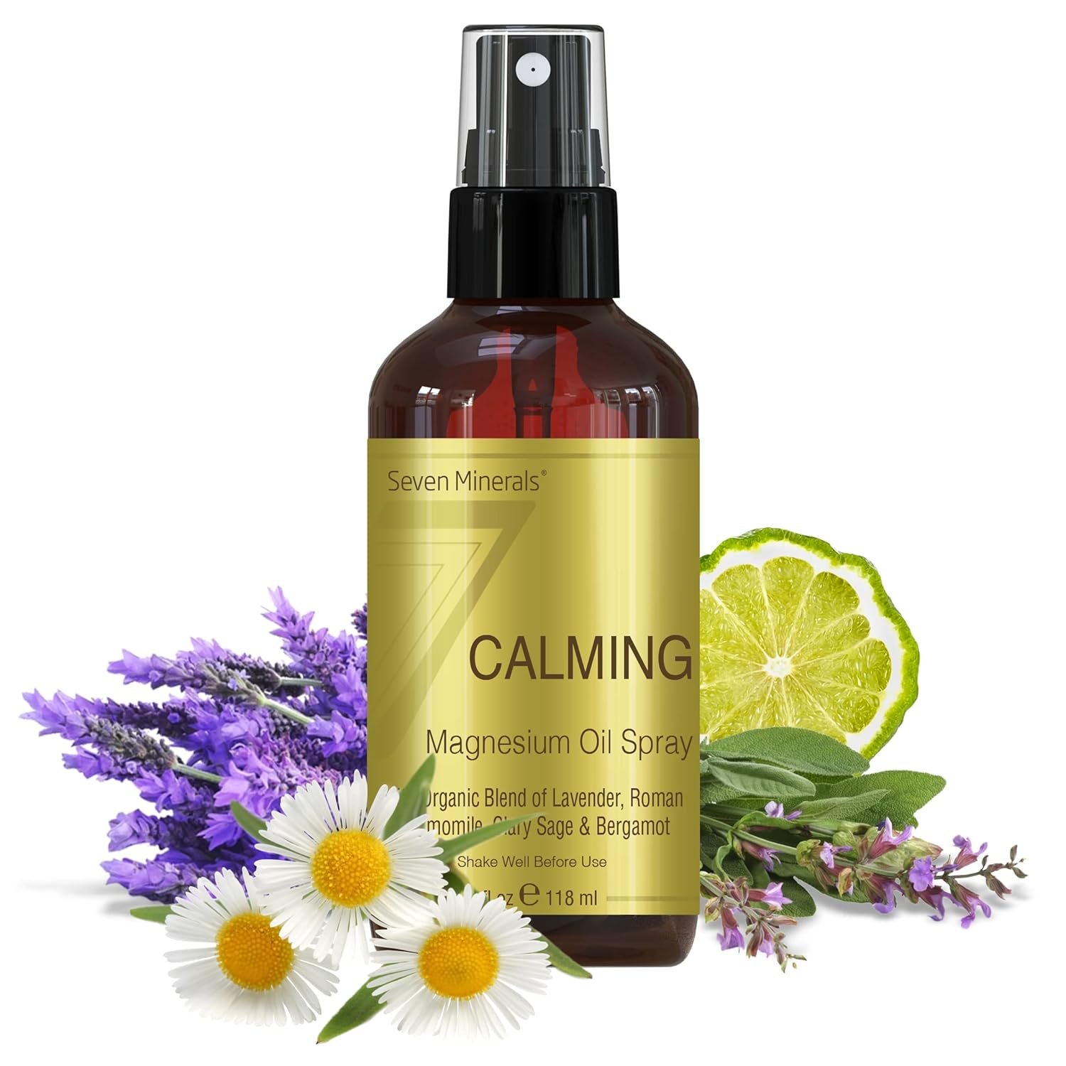 Seven Minerals Calming Magnesium Spray | 100 Percent Natural Essential Oils Blend – Made in USA (Lavender, Roman Chamomile, Clary Sage, and Bergamot) || eBook Included (New)