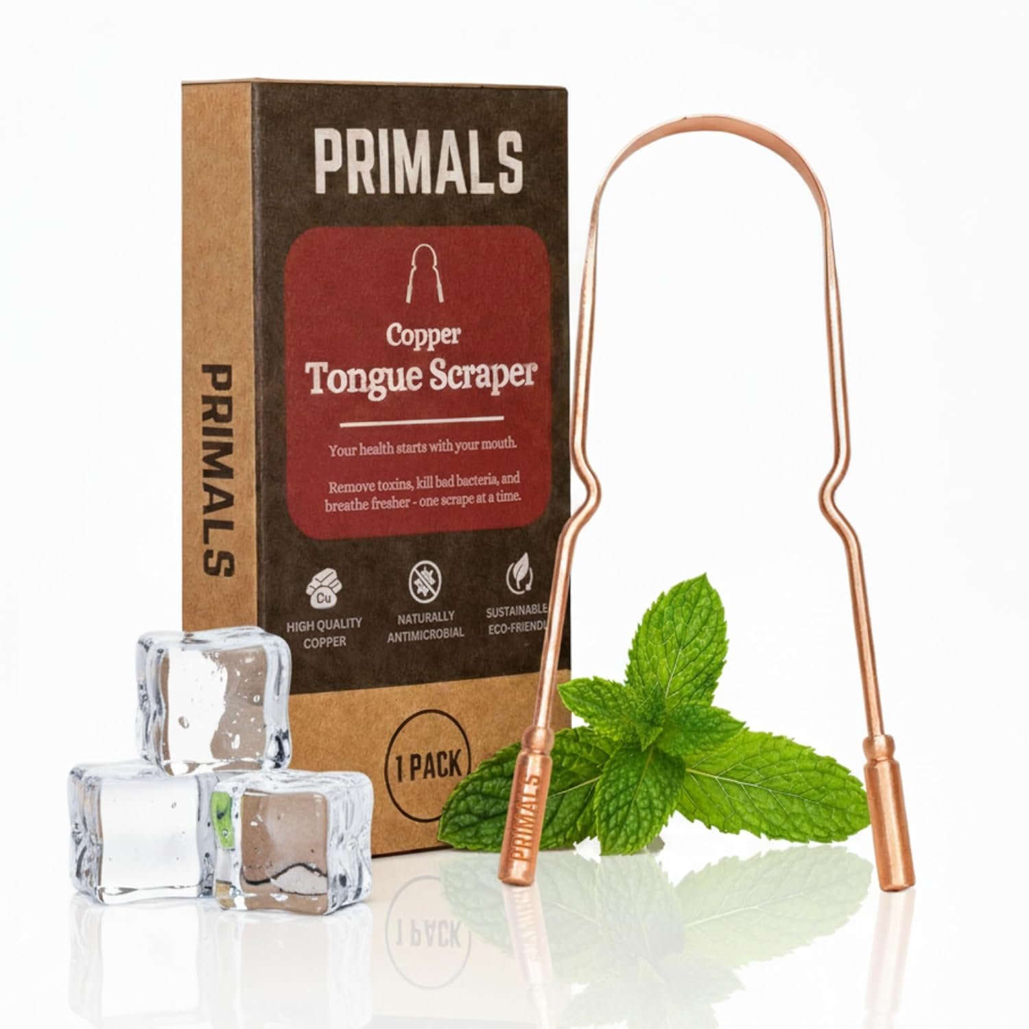 PRIMALS Copper Tongue Scraper – Fresher Breath & Improved Oral Health – Natural Ayurvedic Cleaner for Daily Detox – Rust-Resistant, Eco-Friendly with Travel Cloth Pouch Included (1 Count)