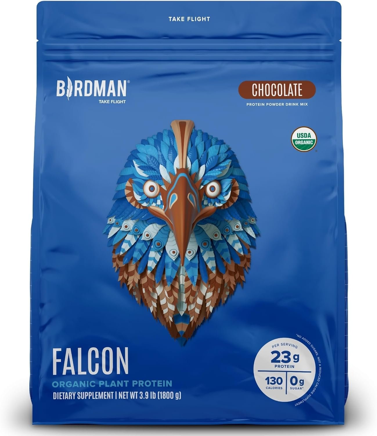 BIRDMAN Falcon Vegan Protein Powder Organic, Stevia & Sugar Free, Plant Based Protein, Low Carb, Dairy Free, Keto, Non Whey Protein, Probiotic, Pea Protein | Chocolate Flavor – 60 Servings – 3.9lb