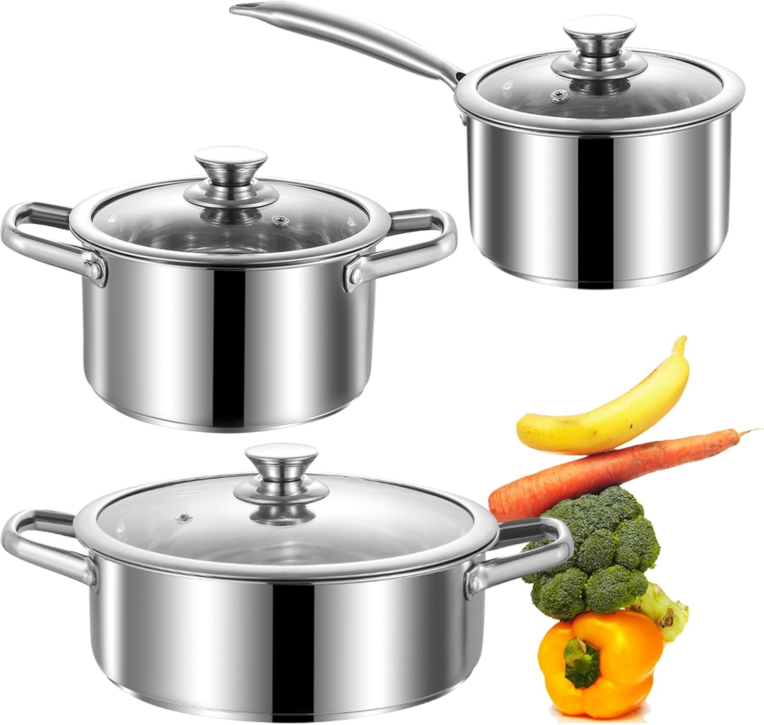 Stainless Steel pots and pans set, 6 Piece Nonstick Induction Kitchen Cookware Set, Works with Induction/Electric and Gas Cooktops, Nonstick, Oven Safe, Camping Cookware