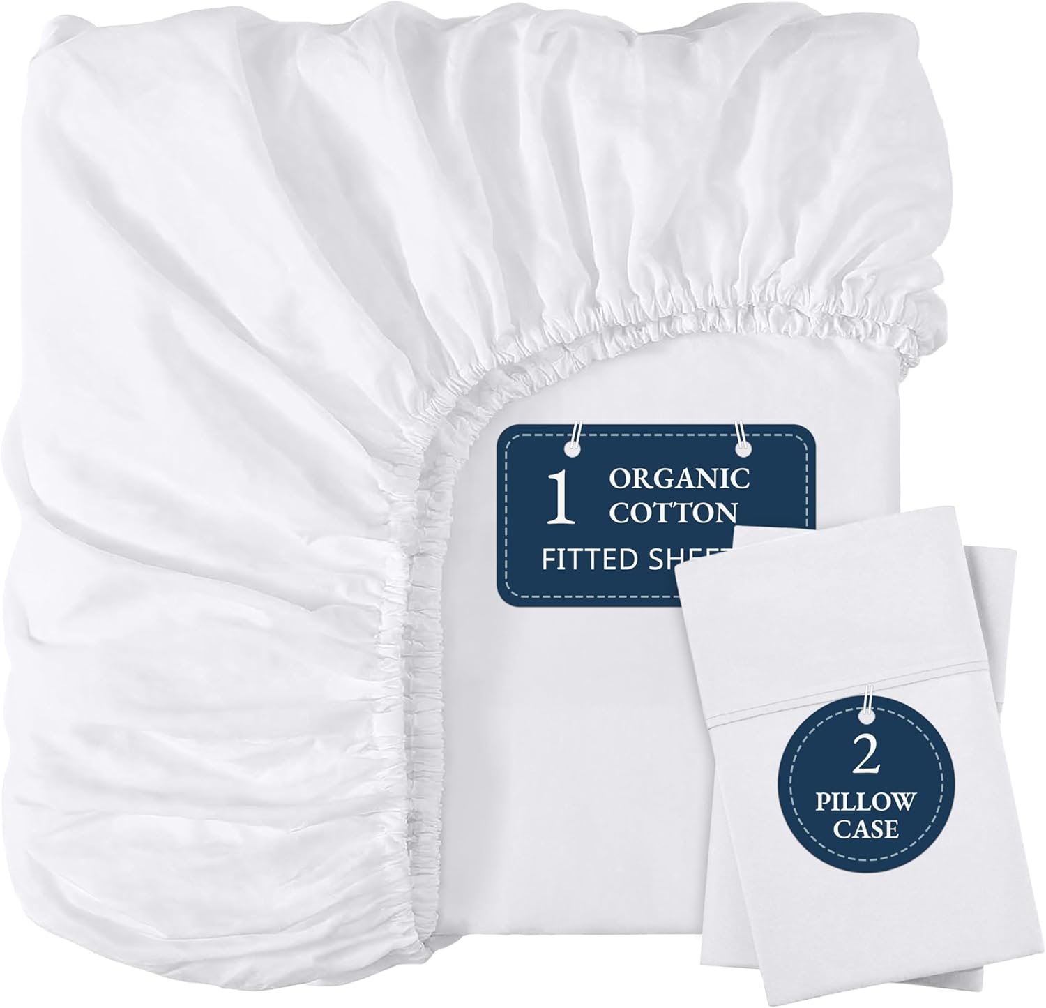 LANE LINEN 100% Organic Cotton Fitted Sheet Queen, 15″ Deep Pocket Snug Fit Fully Elasticized Naturally Temperature Regulating Soft & Comfy Deep Pocket Queen Fitted Sheet -White (+Pillowcases)