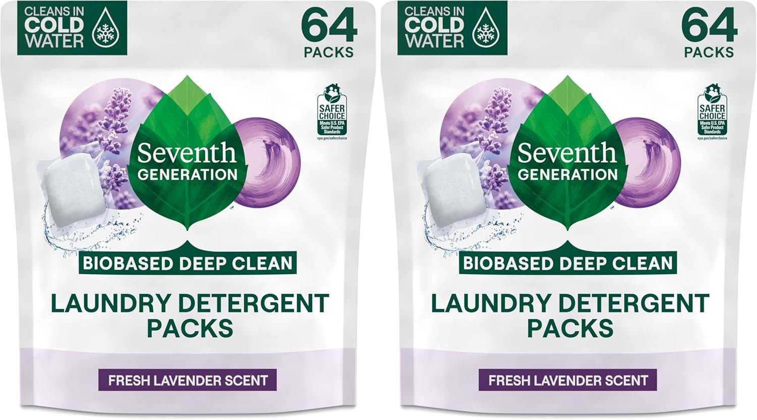 Seventh Generation Laundry Detergent Packs,Lavender,Biobased Deep Clean,EPA Safer Choice Certified,64 Count (Pack of 2)