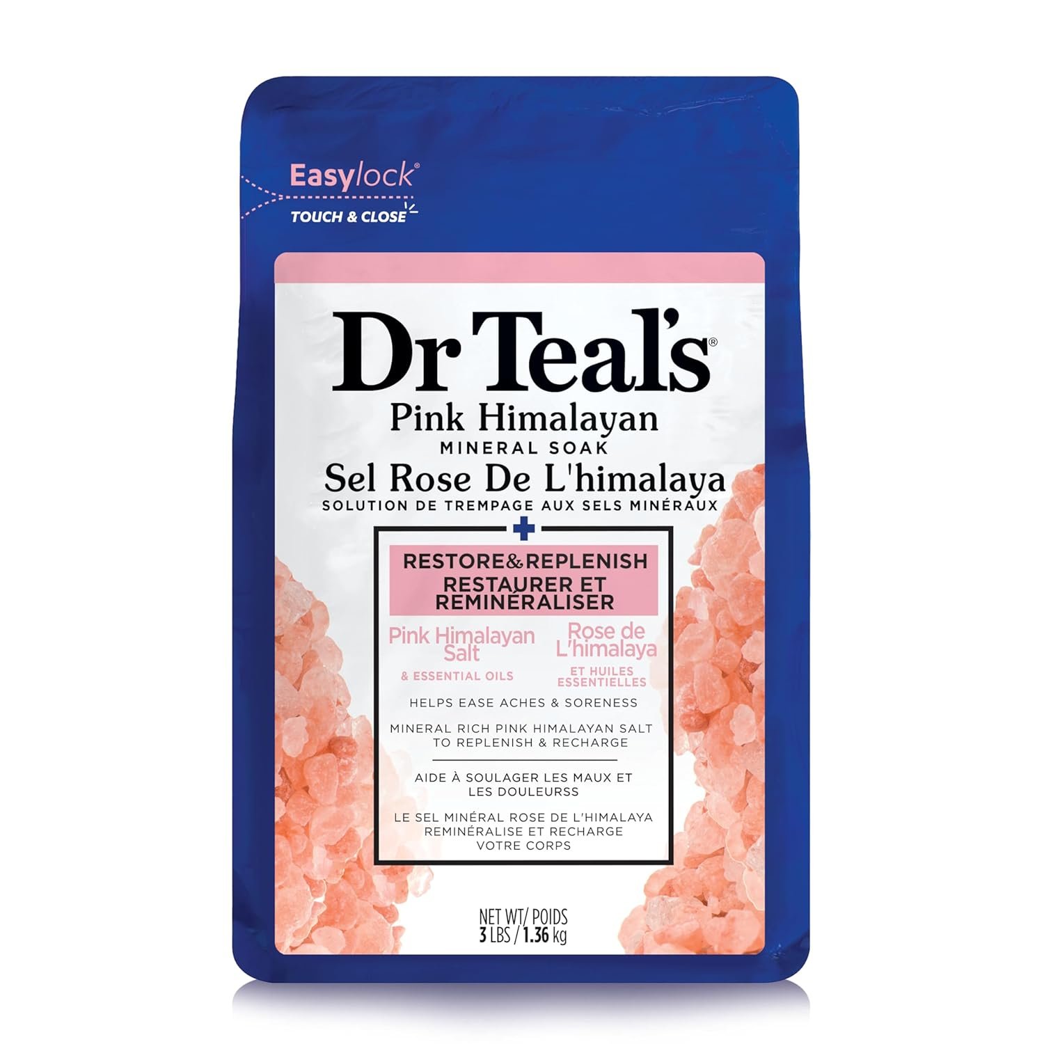 Dr Teal’s Epsom Salt Magnesium Soak, Restore & Replenish with Pink Himalayan Salt, 3 lbs