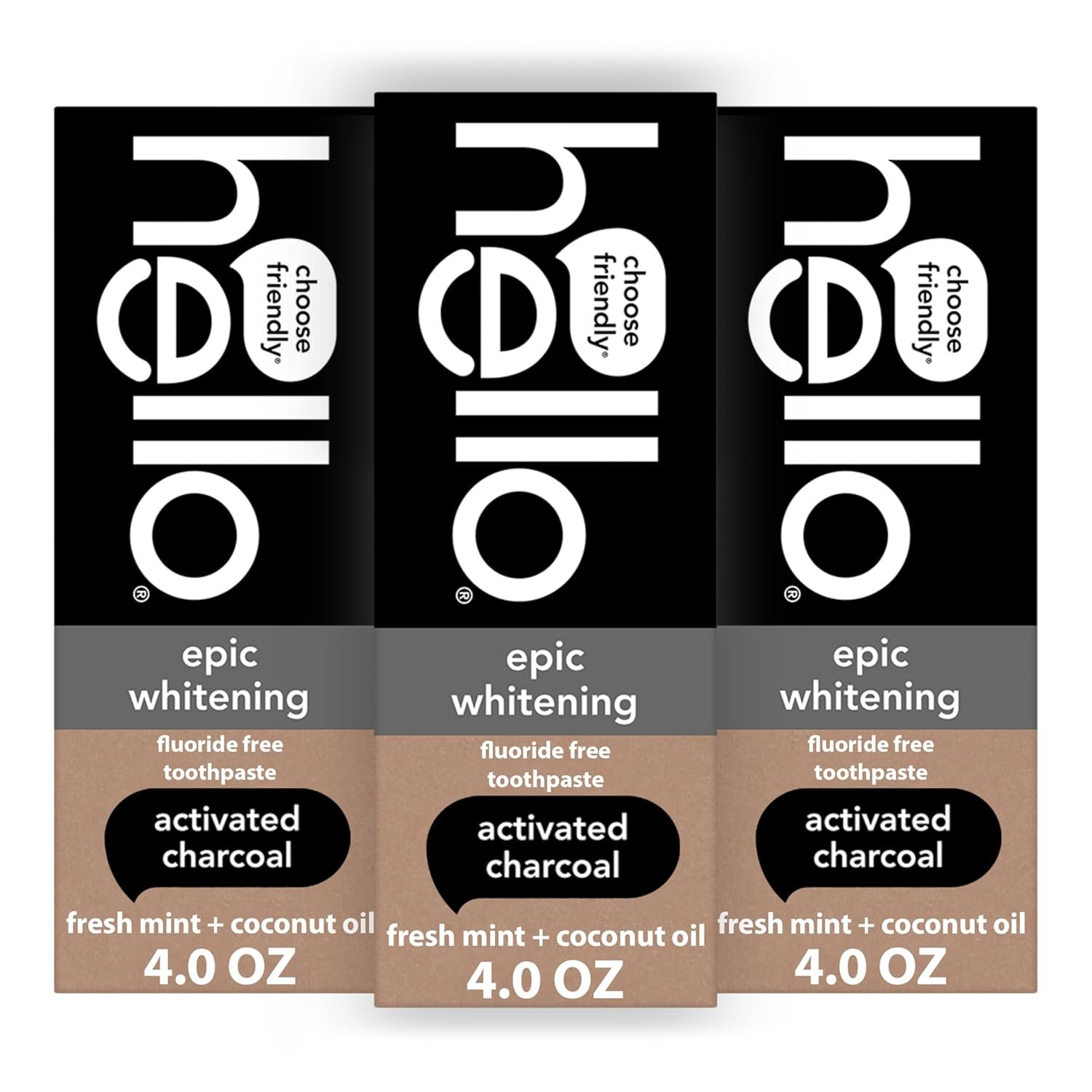 hello Epic Whitening Charcoal Fluoride Free Toothpaste, Activated Charcoal Toothpaste with Coconut Oil, Whitens Teeth Naturally, SLS Free, Fresh Mint, 3 Pack, 4.0 Oz Tubes